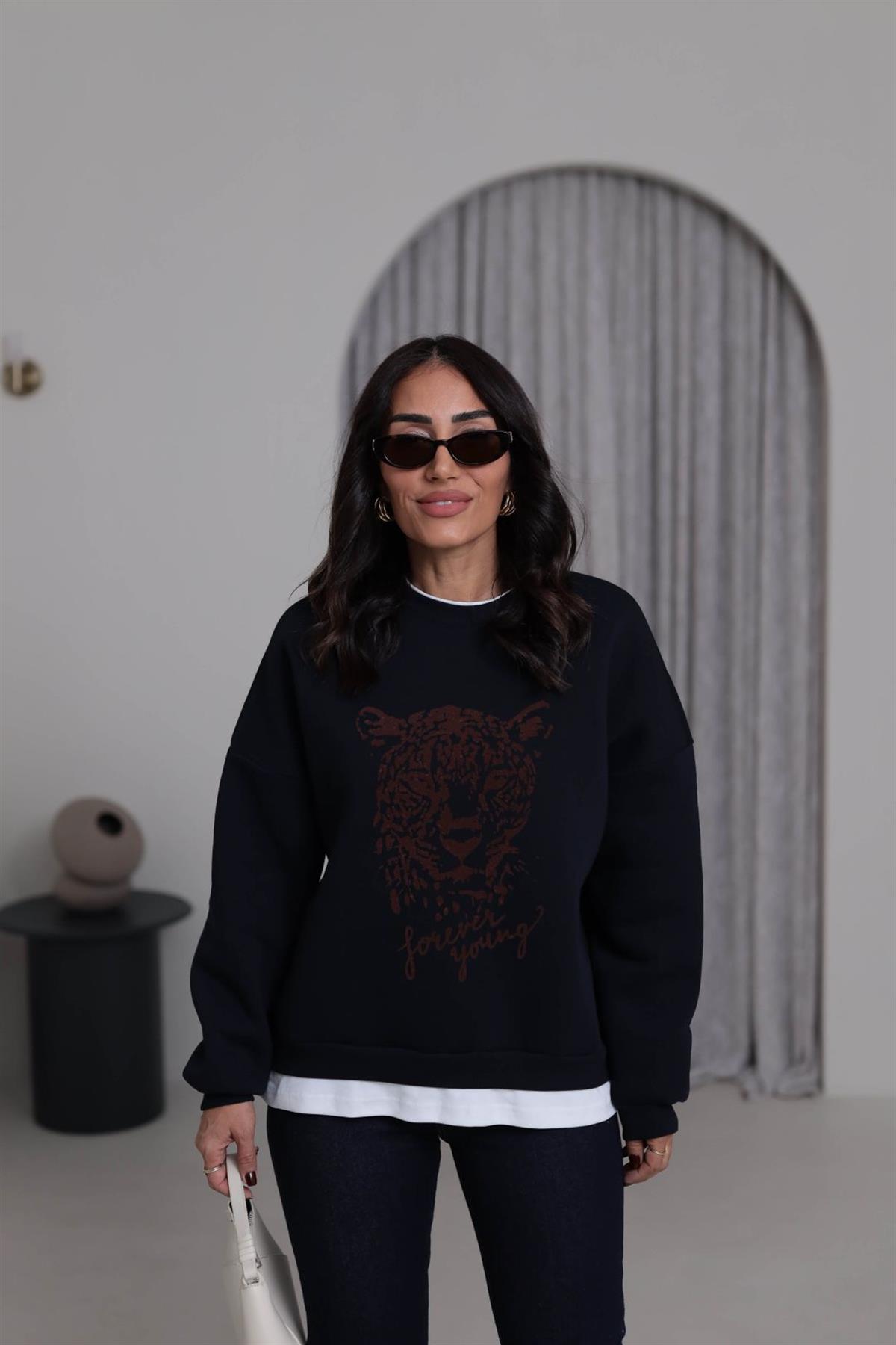 0612 Leopar Baskılı Şardonlu Garnili Sweatshirt LACİVERT