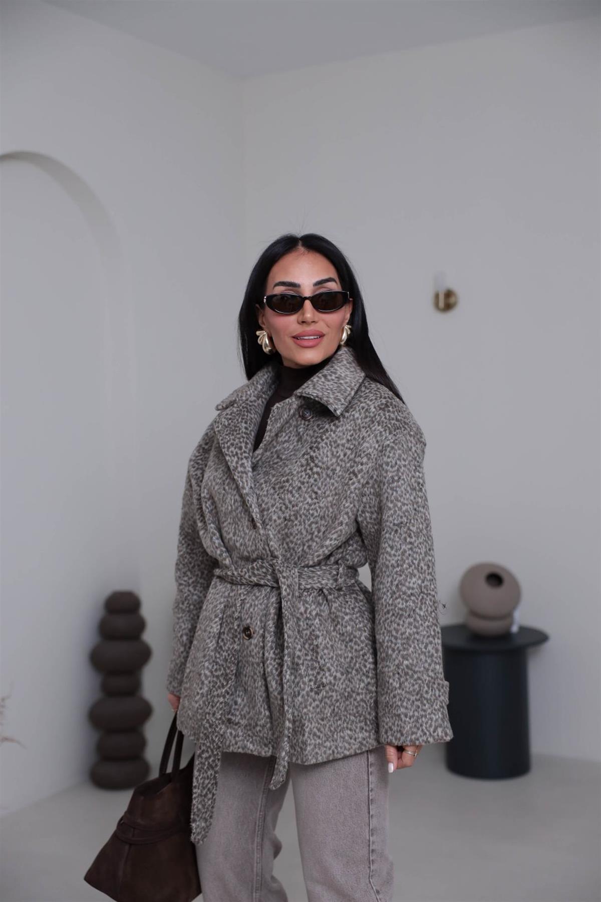 L0646 Desenli Kuşaklı Kaşe Ceket BEJ