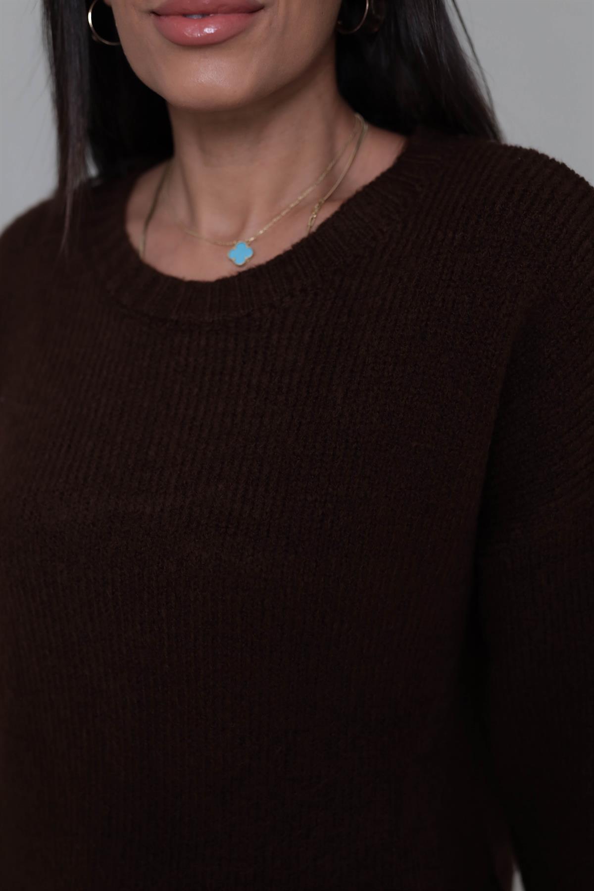 0100 Bisiklet Yaka Oversize Düz Kazak KAHVE