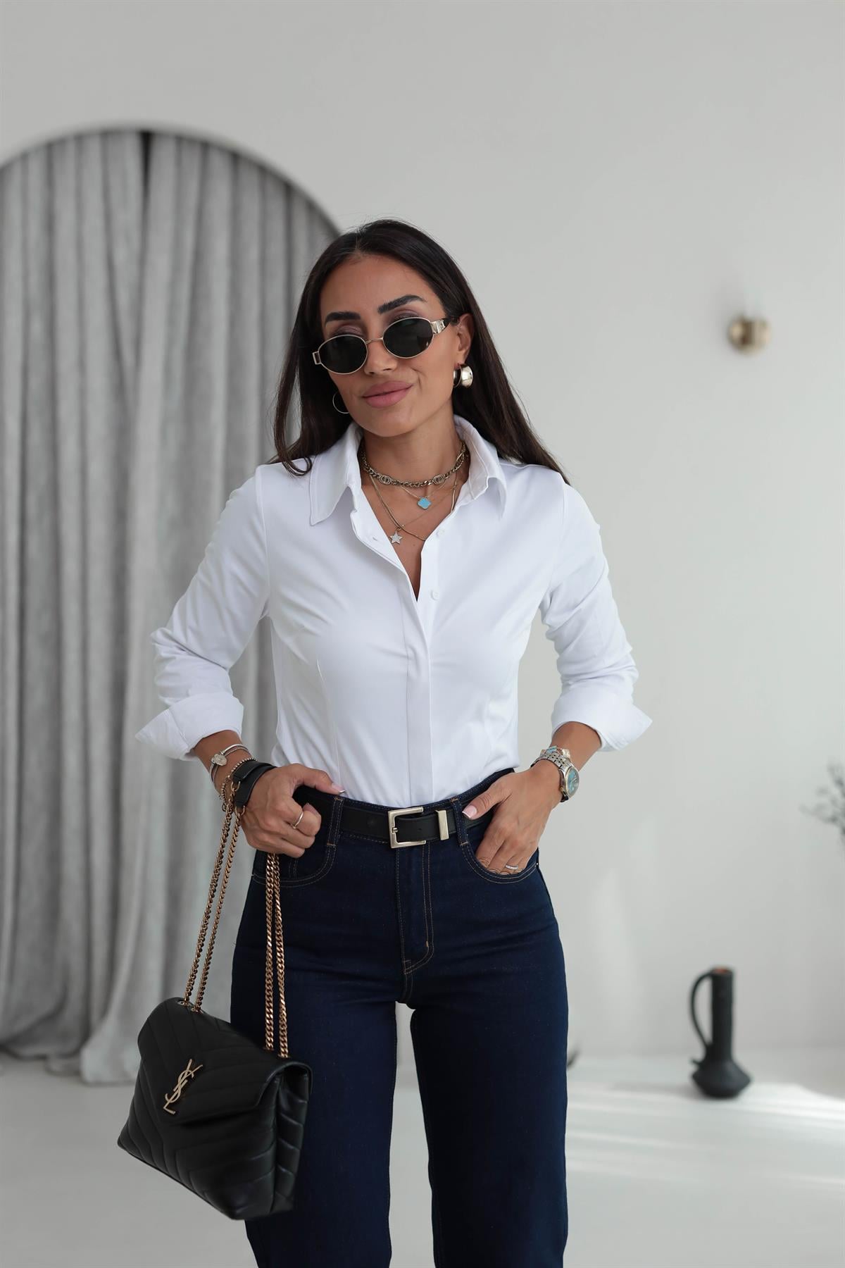 3903 Gizli Düğmeli Likralı Viskon Gömlek BEYAZ