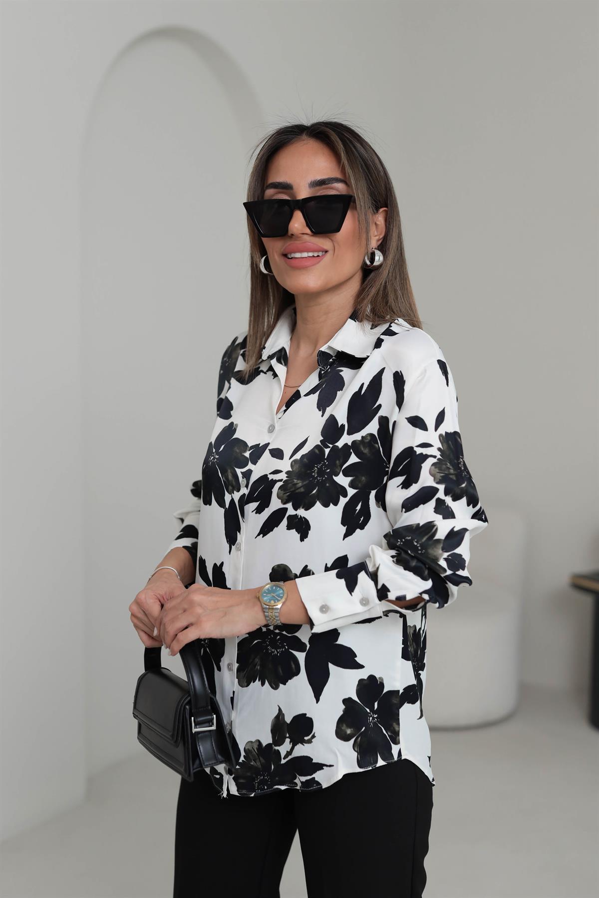 6537 Çiçek Desen İpek Saten Gömlek SİYAH
