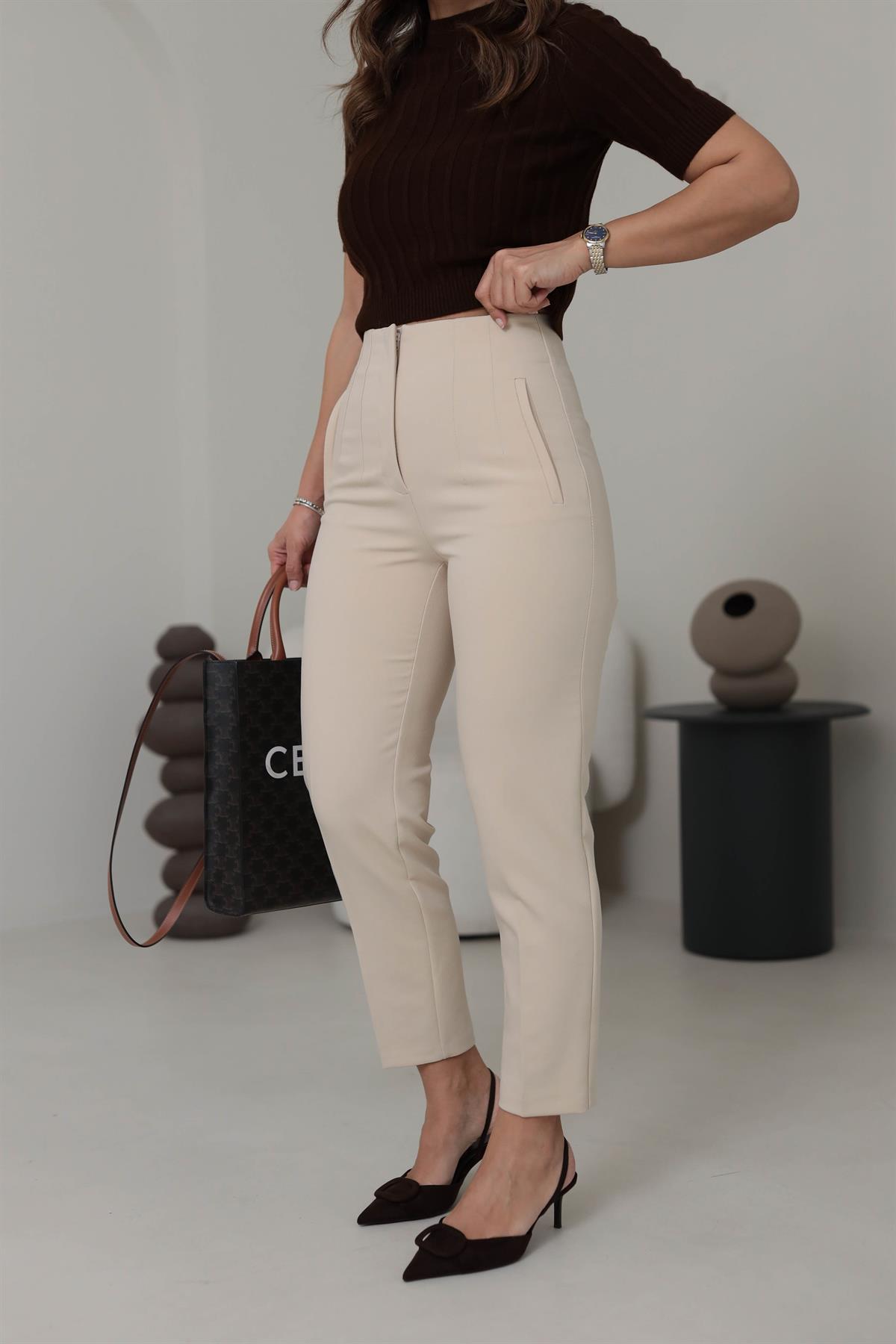 U5113-K Önü Flotalı Kumaş Pantolon AÇIK BEJ