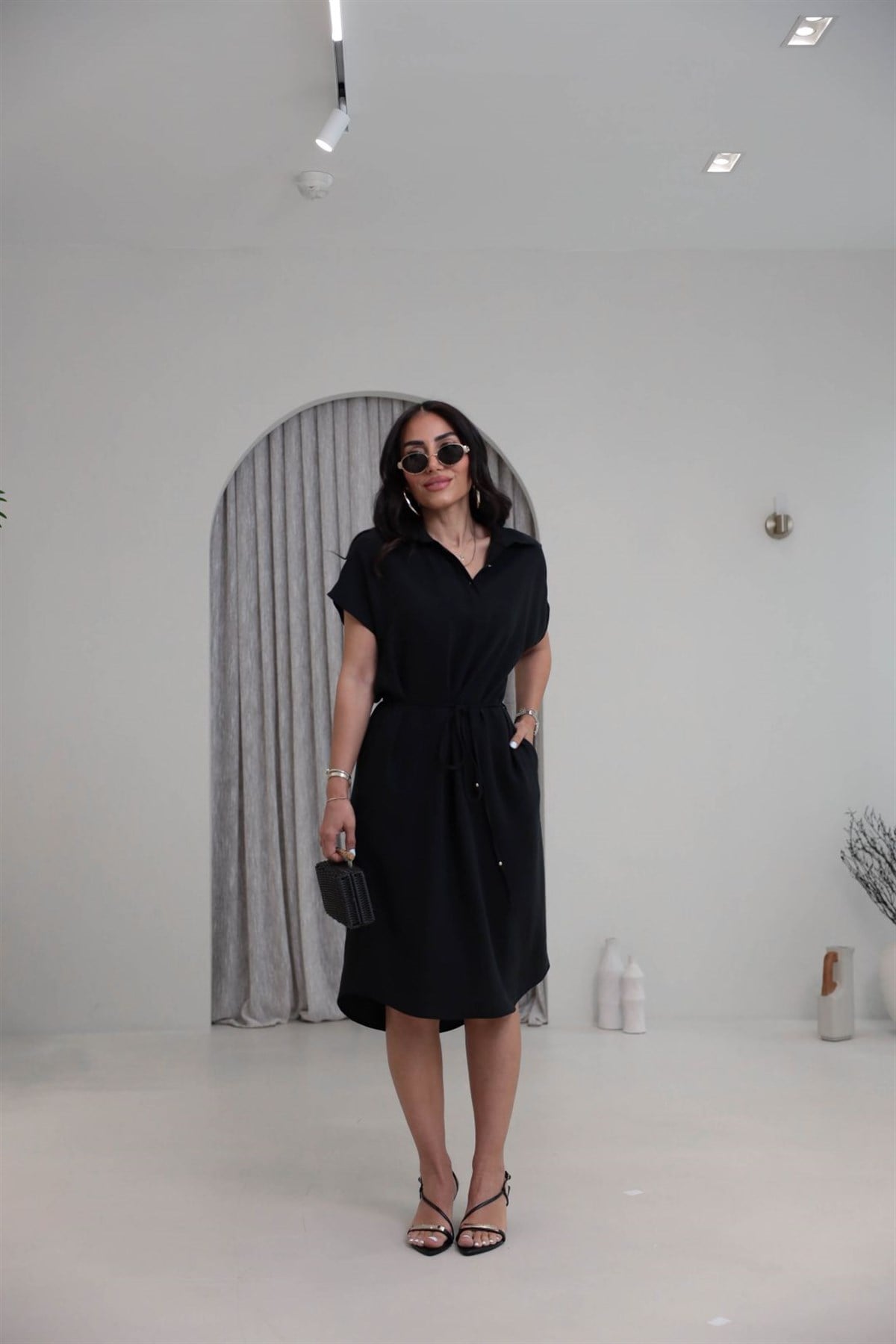 7541 Polo Yaka Tencel Kumaş Elbise SİYAH