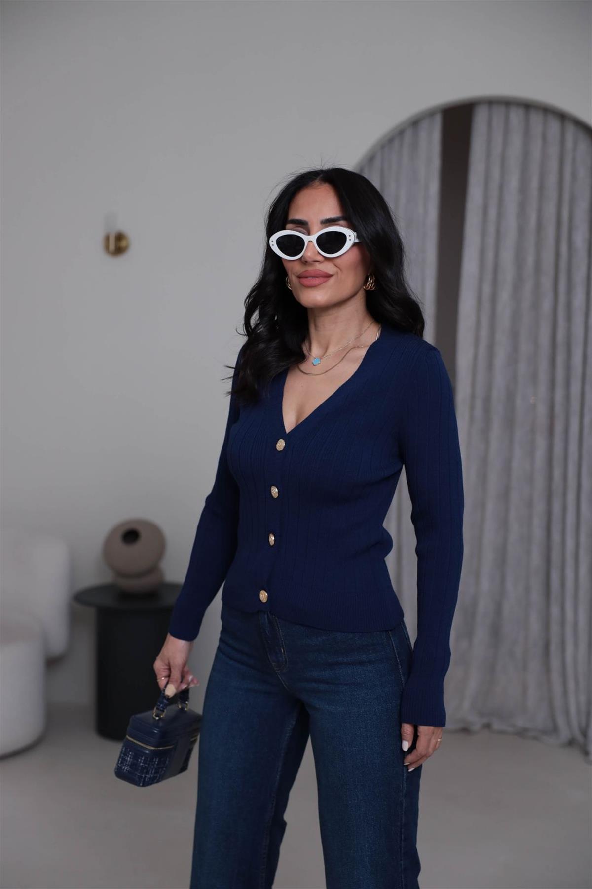 4883 Gold Düğmeli V Yaka Triko Hırka LACİVERT