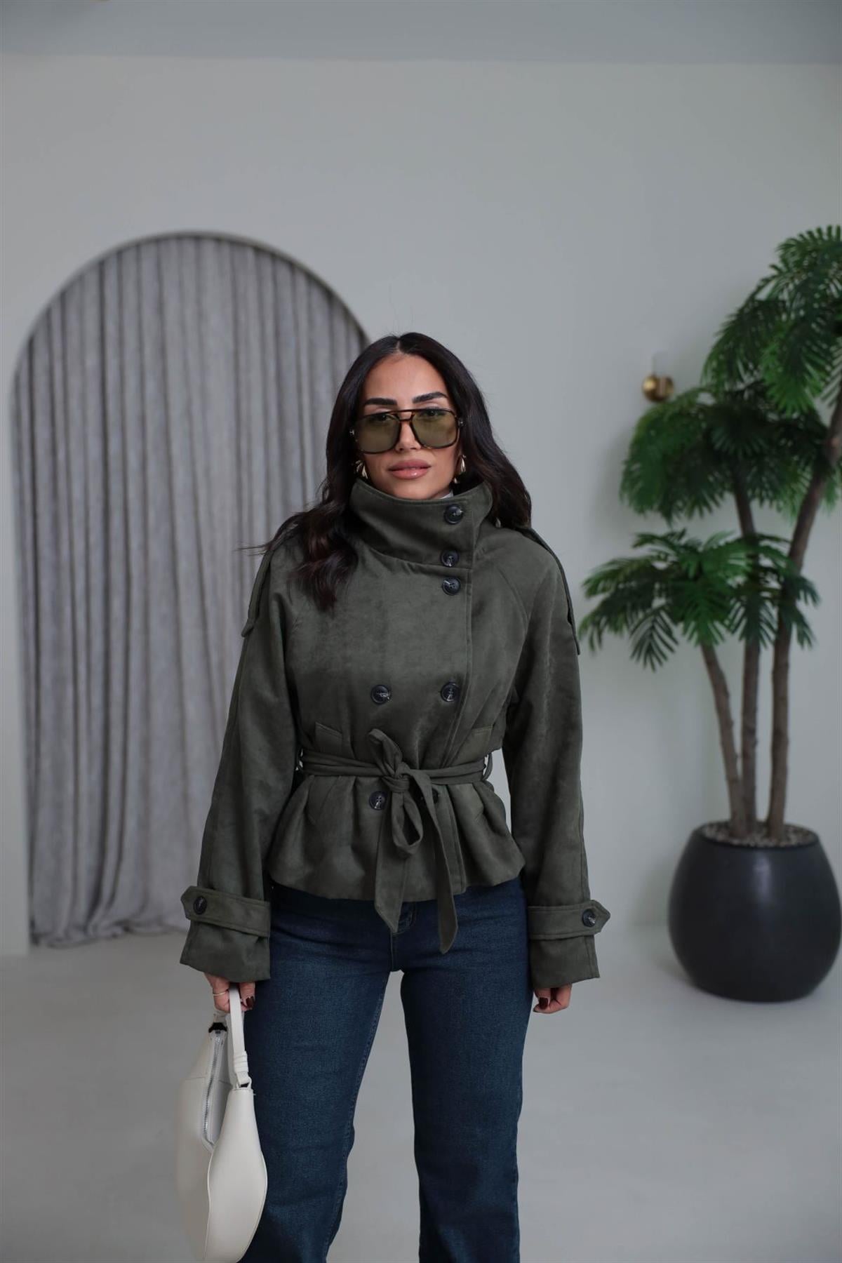 8437 Dik Yaka Kuşaklı Süet Ceket HAKİ YEŞİL