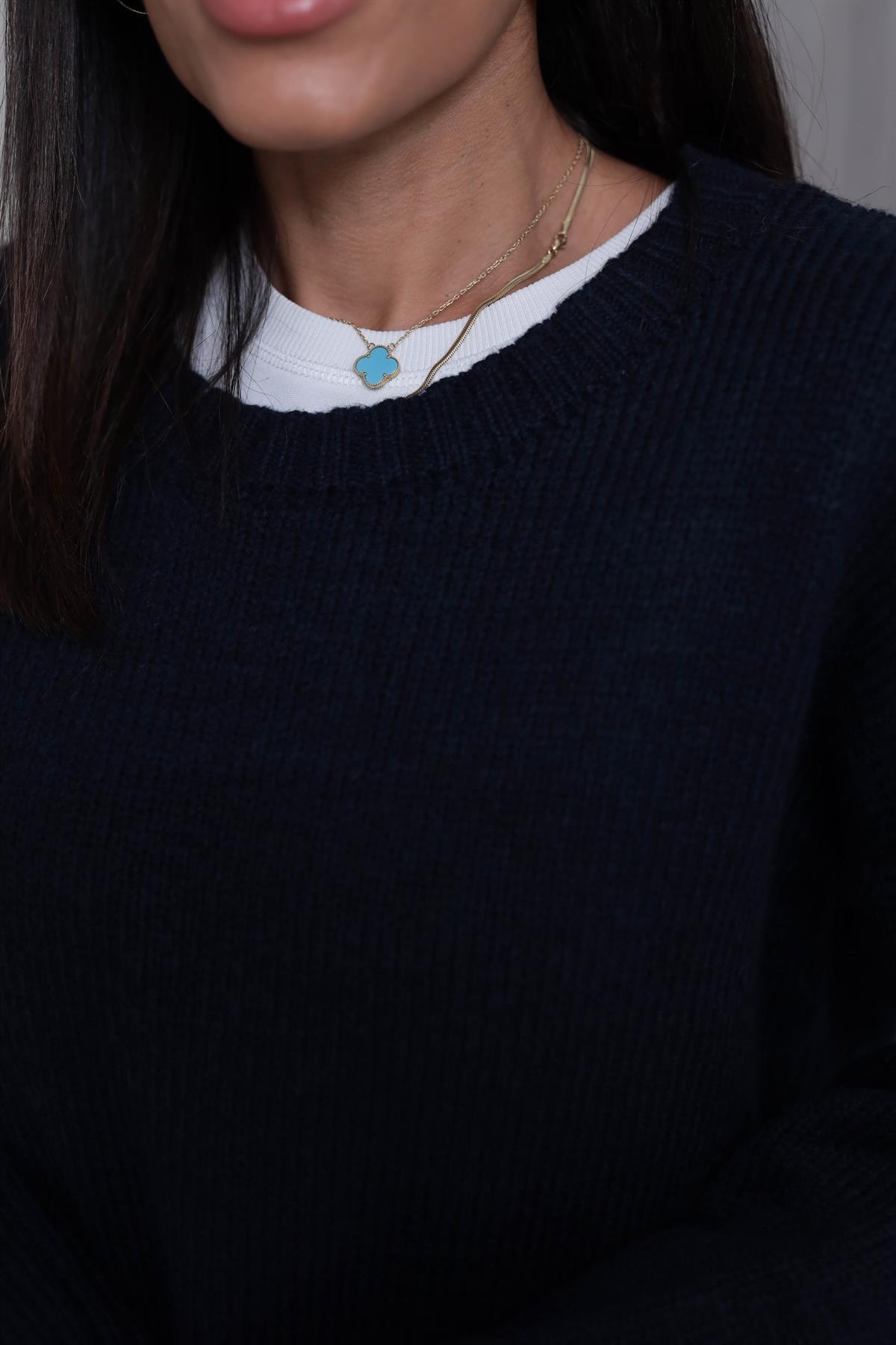 0100 Bisiklet Yaka Oversize Düz Kazak LACİVERT