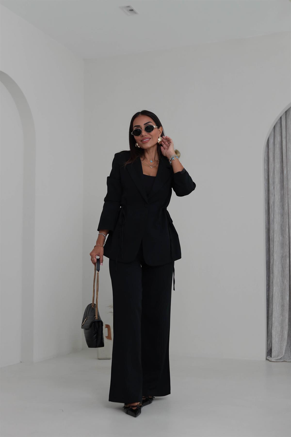 9241 Bağlamalı Oversize Ceketli Takım SİYAH