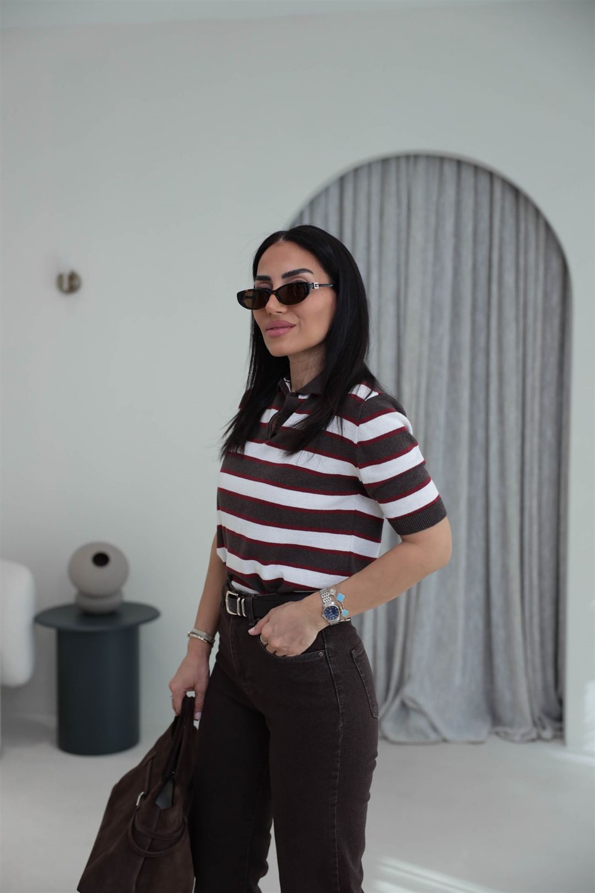 Polo Yaka Çizgili Massi Triko Bluz KAHVE