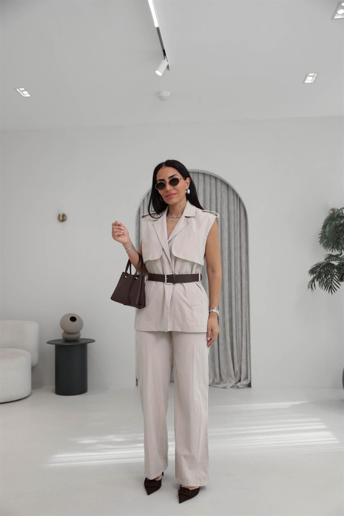 0719 Kemerli Tencel Kumaş Pantolon Yelek Takım BEJ