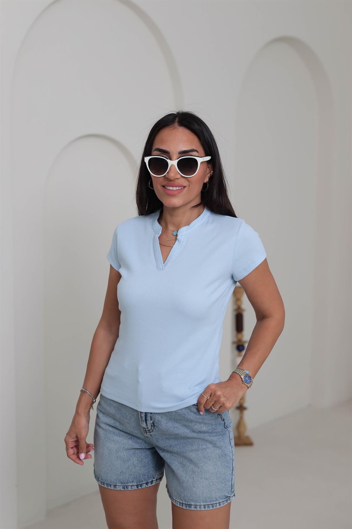 6773 Ribanalı V Yaka Kısa Kol Bluz BEBE MAVİ