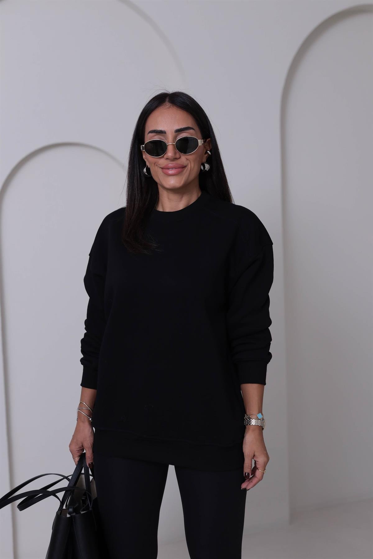 7912 Bisiklet Yaka Şardonlu Sweatshirt SİYAH