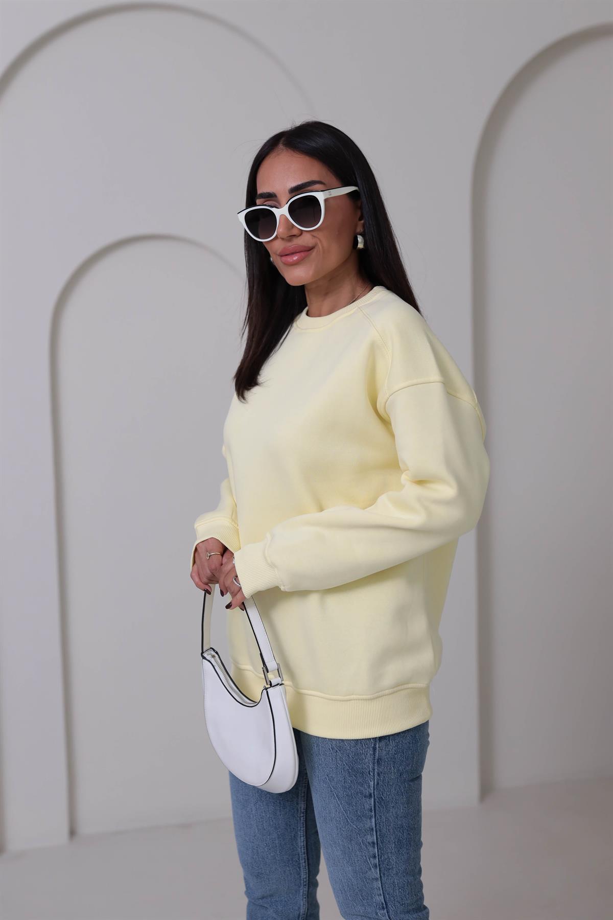 7912 Bisiklet Yaka Şardonlu Sweatshirt SARI