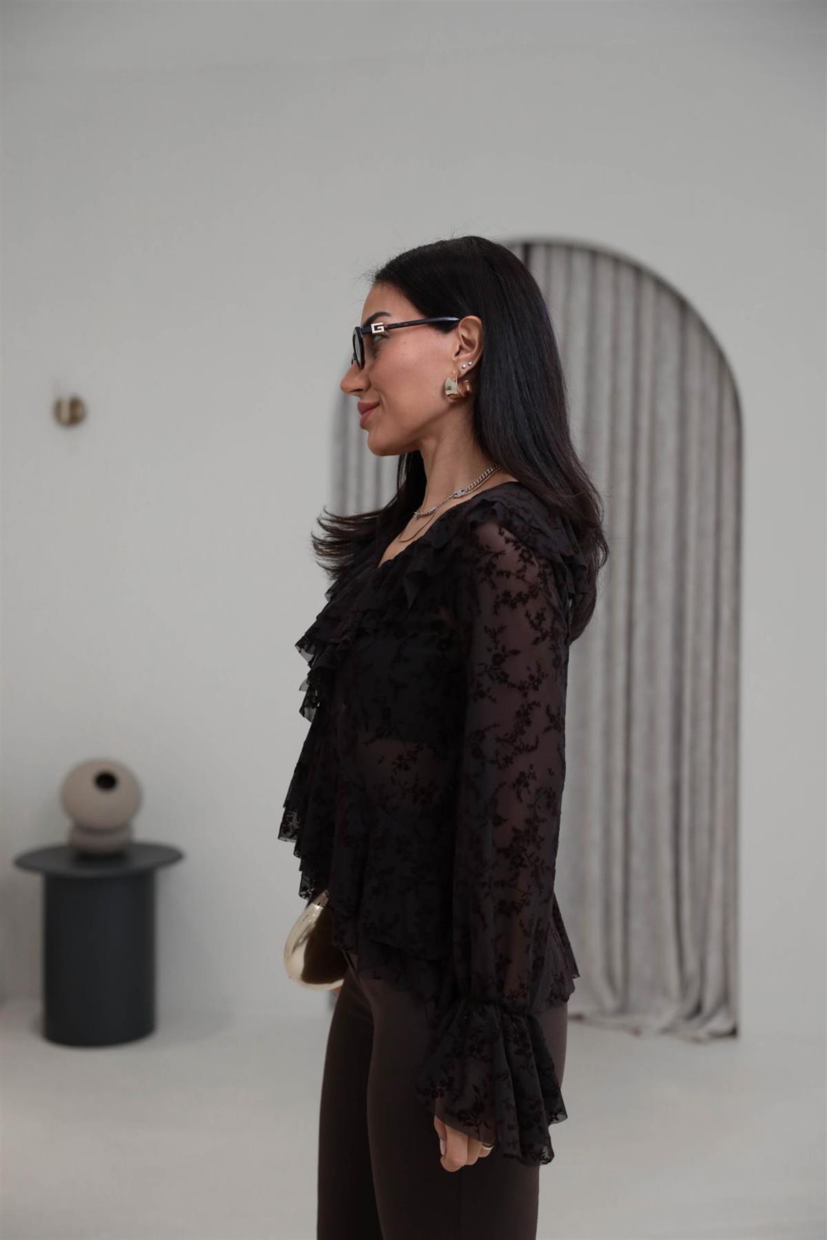 1110 Kadife Baskılı Fırfırlı Tül Bluz KAHVE