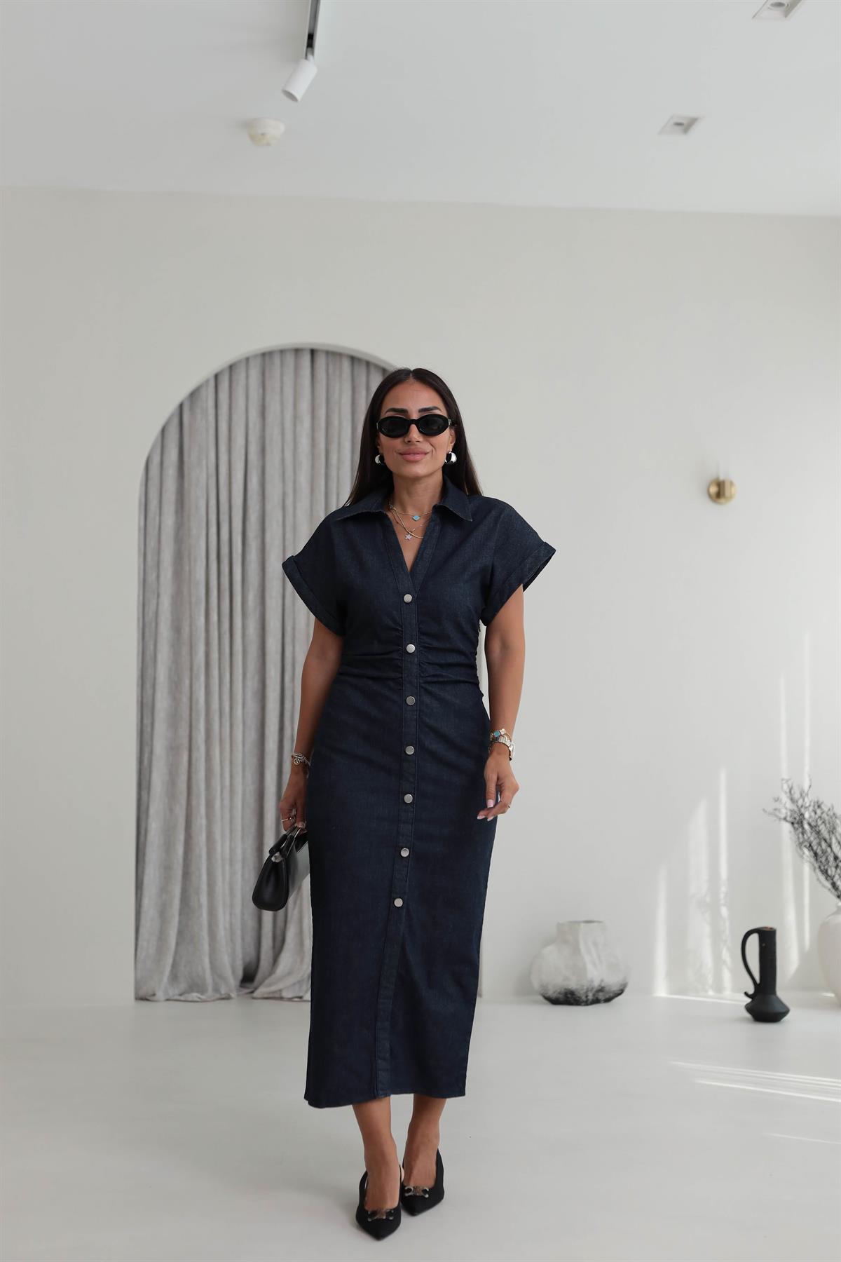 8198 Polo Yaka Drapeli Likralı Kot Elbise LACİVERT