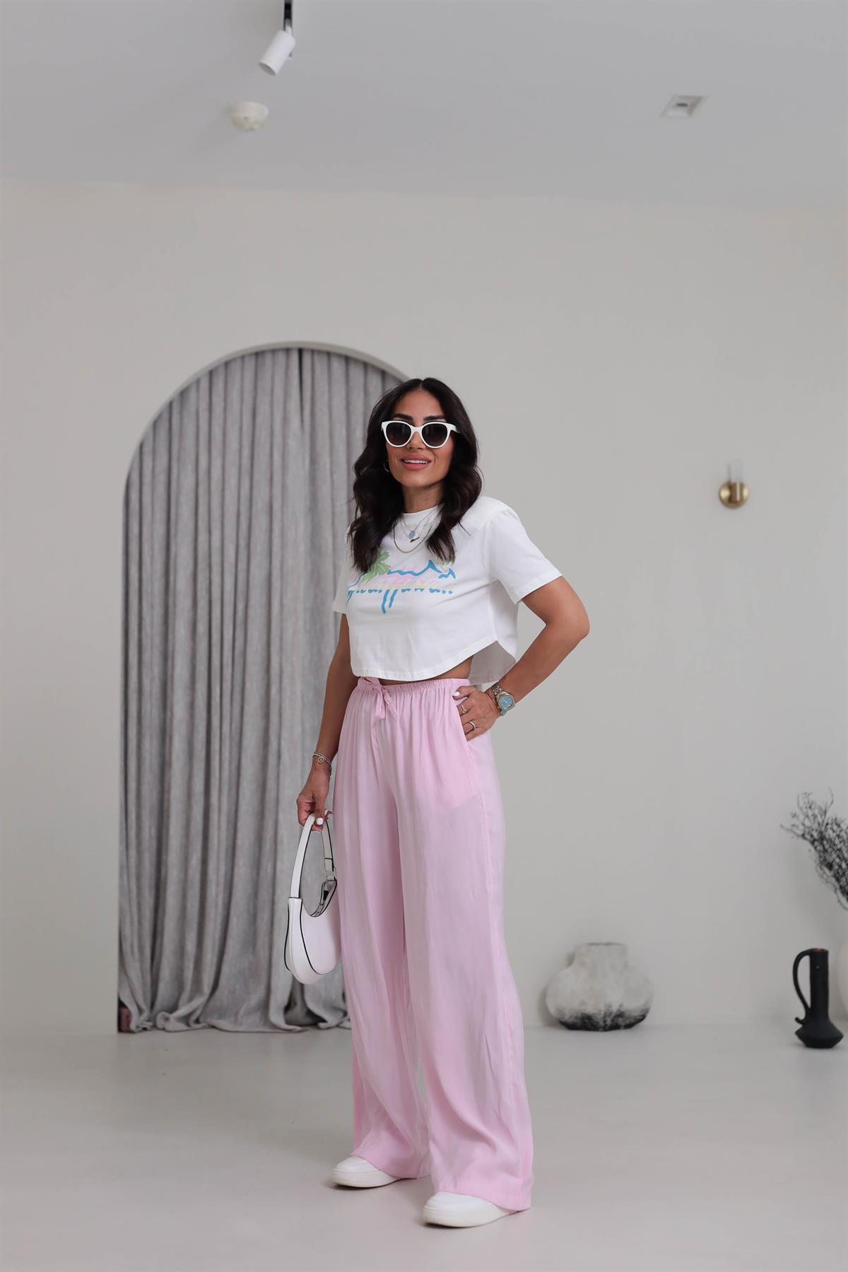 1141 Bel Lastikli Tencel Pantolon PEMBE