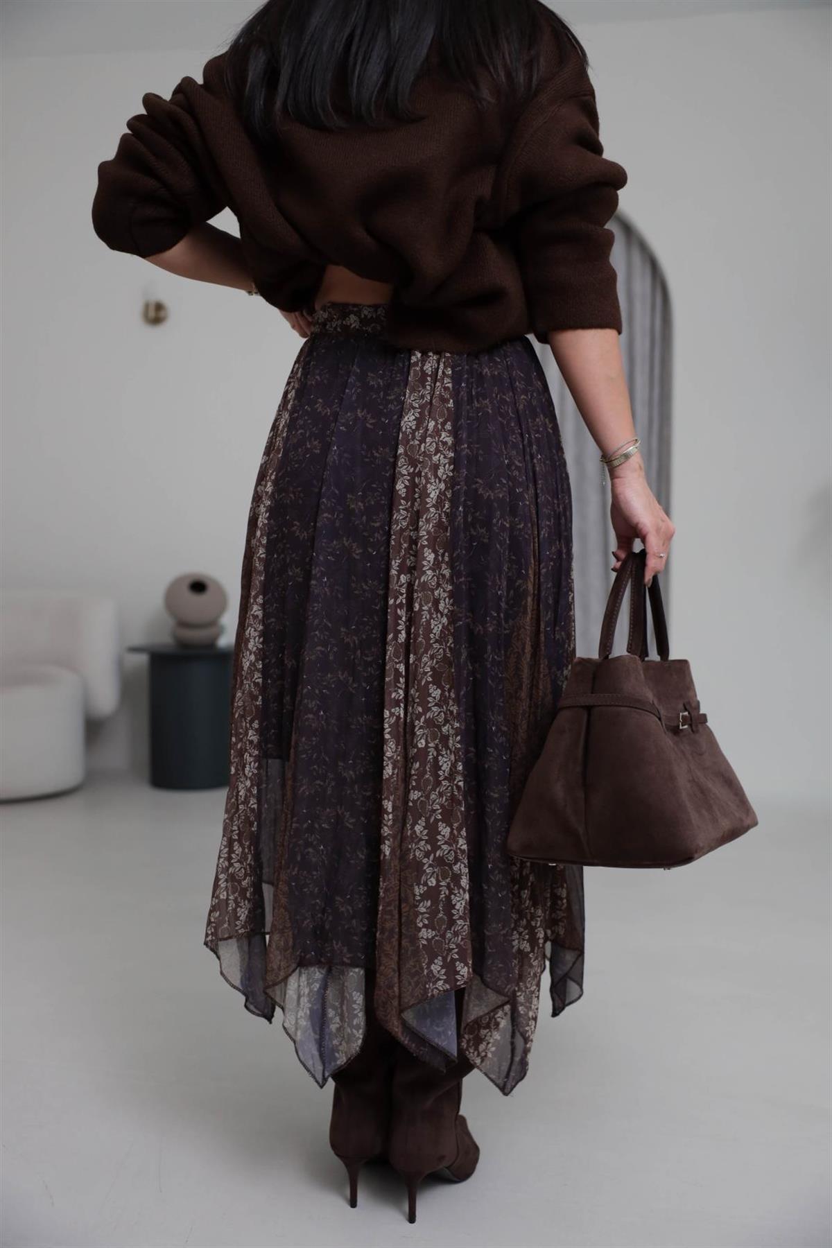 3873 Bel Lastikli Astarlı Asimetrik Etek ÇİÇEKLİ