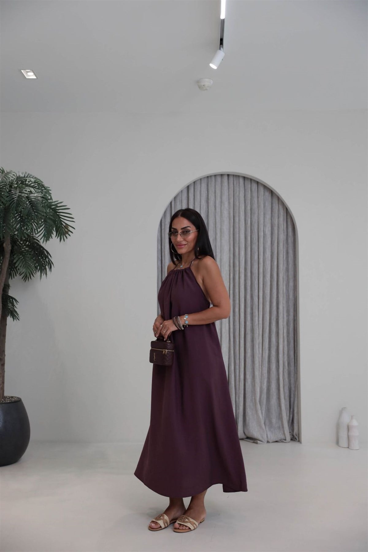 1627 Boyundan Büzgülü Tencel Maxi Elbise BORDO
