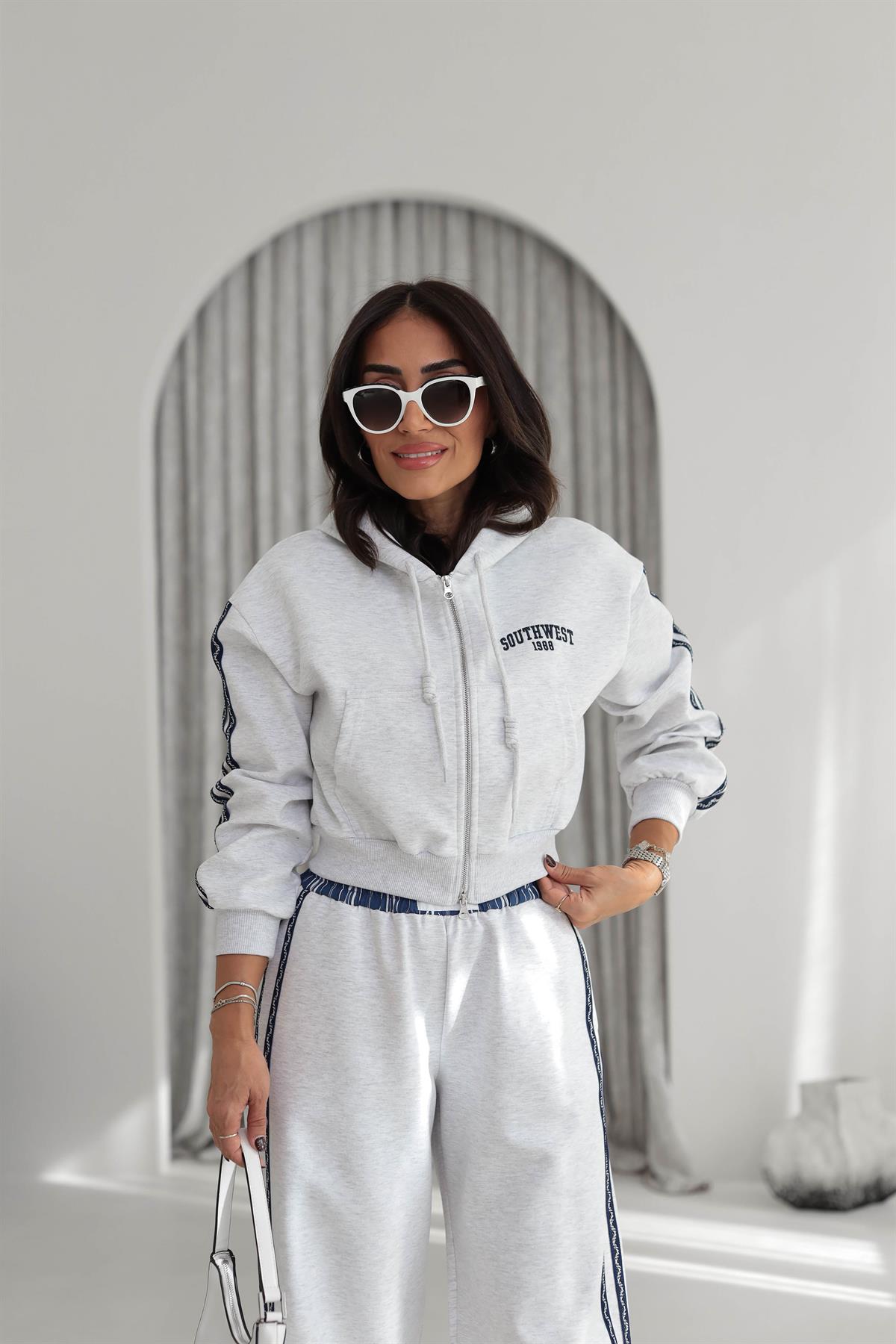 0810 Şerit Detaylı Fermuarlı Sweatshirt GRİ