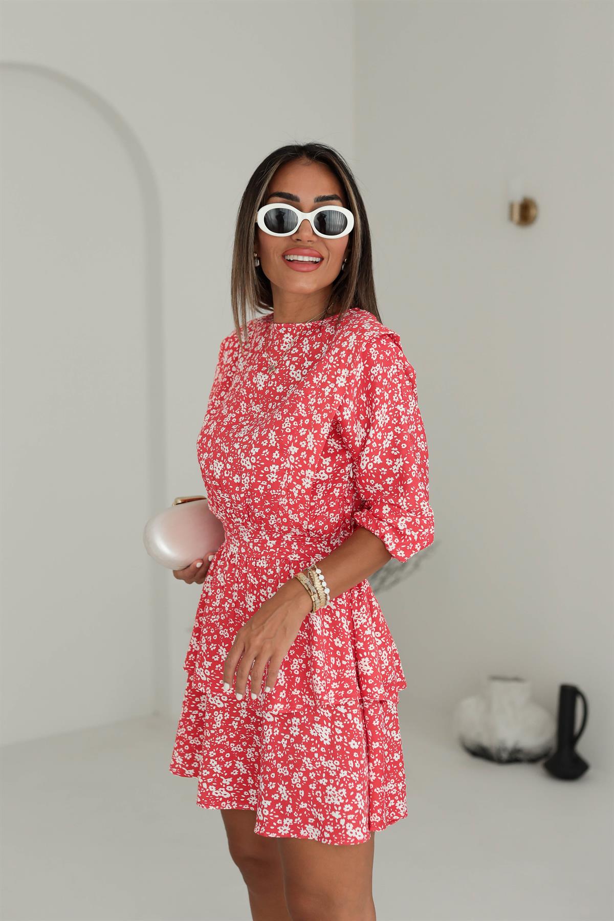 Bel Lastikli Eteği Katlı Desenli Saten Elbise