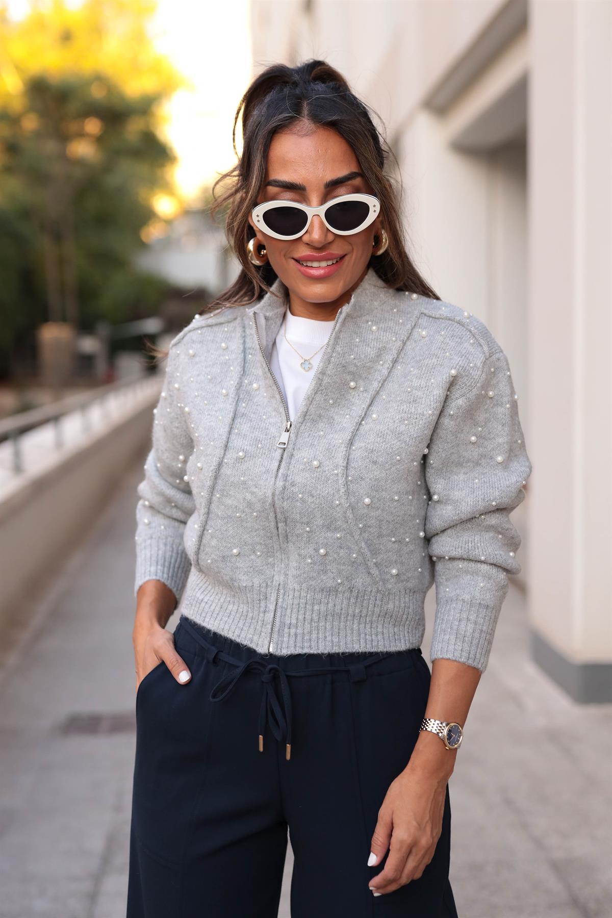 2238 İnci Detay Triko Bomber Ceket