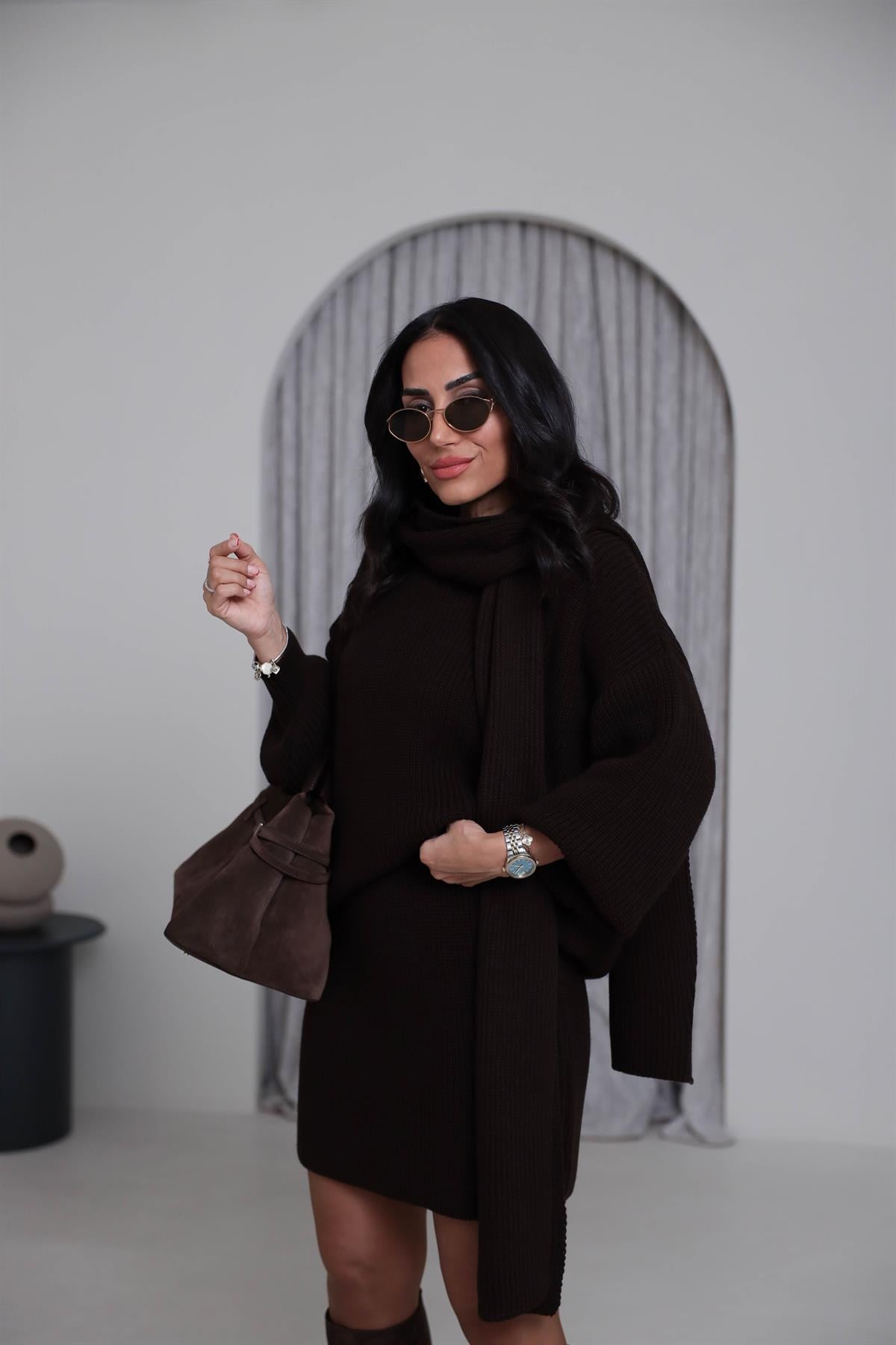 2581 Bisiklet Yaka Şal Detaylı Örgü Etek Takım ACI KAHVE