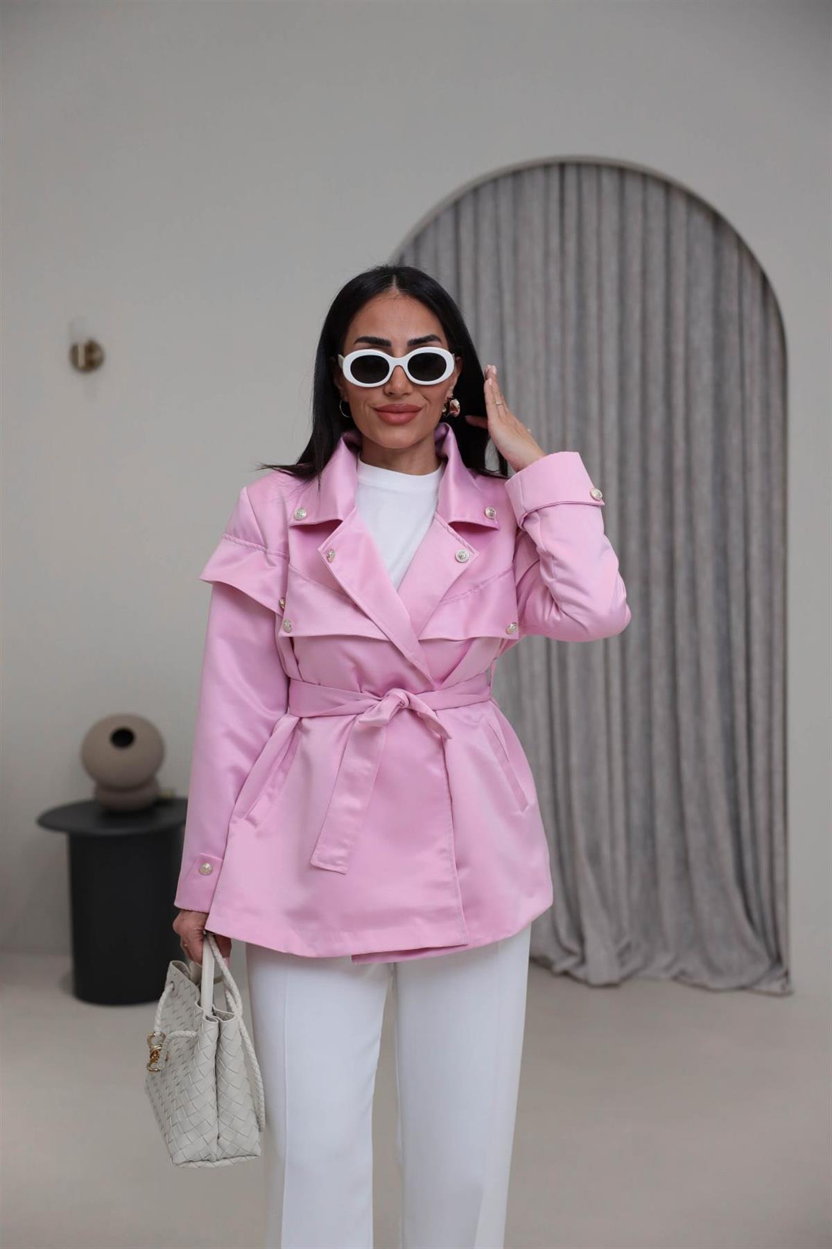 302 Gold Düğmeli Kuşaklı Saten Ceket PEMBE