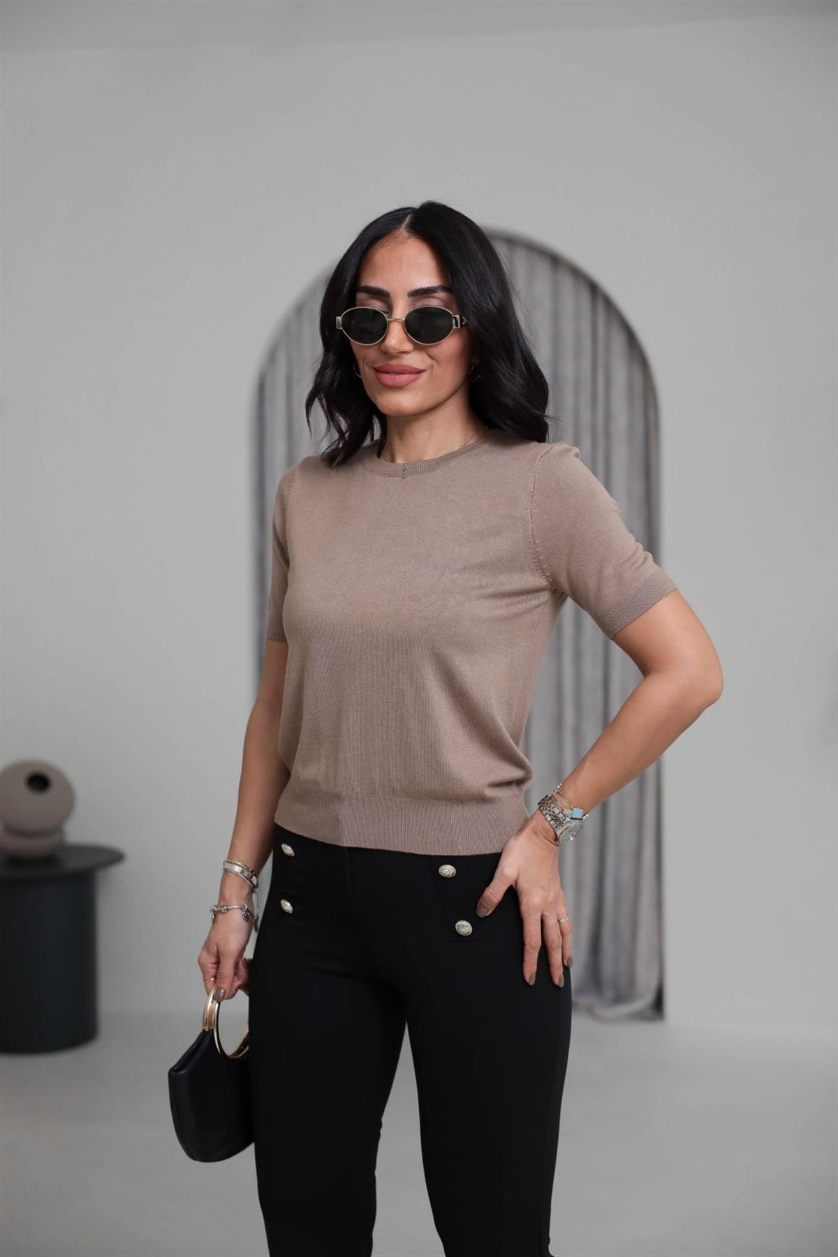 0779 Bisiklet Yaka Kısa Kol Basic Triko Bluz VİZON