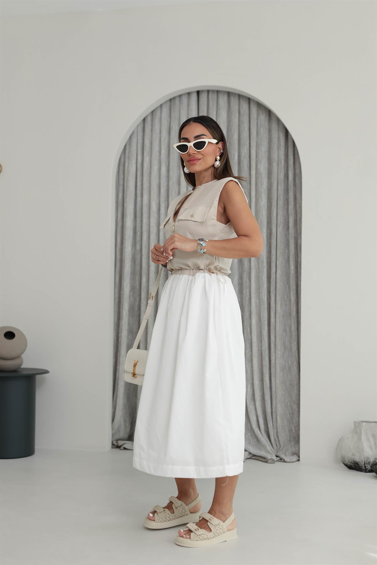 6305 Fermuar Detaylı Cep Kapaklı Poplin Elbise BEJ