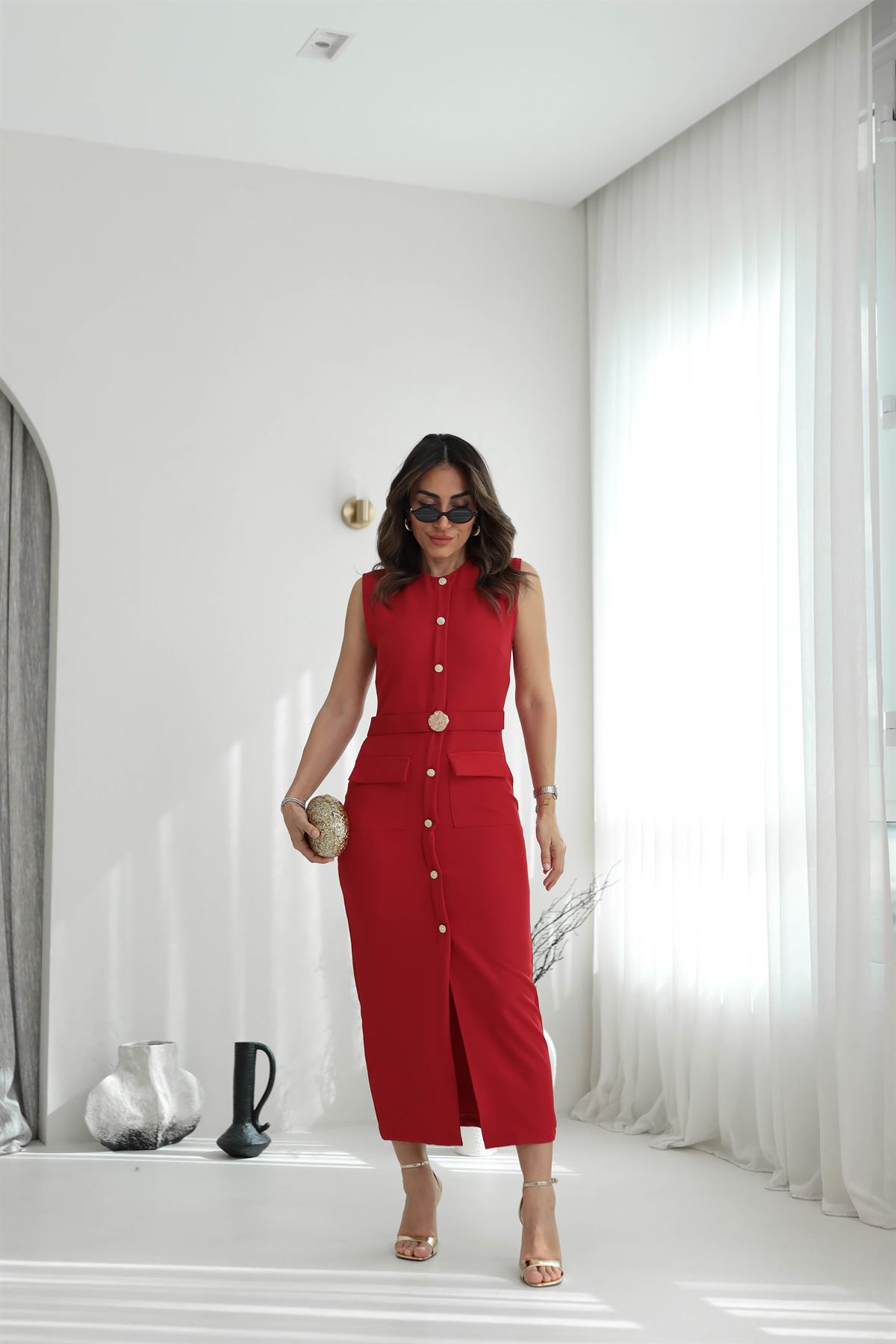 0298 Sıfır Kol Broş Kemerli Cep Detaylı  Elbise KIRMIZI