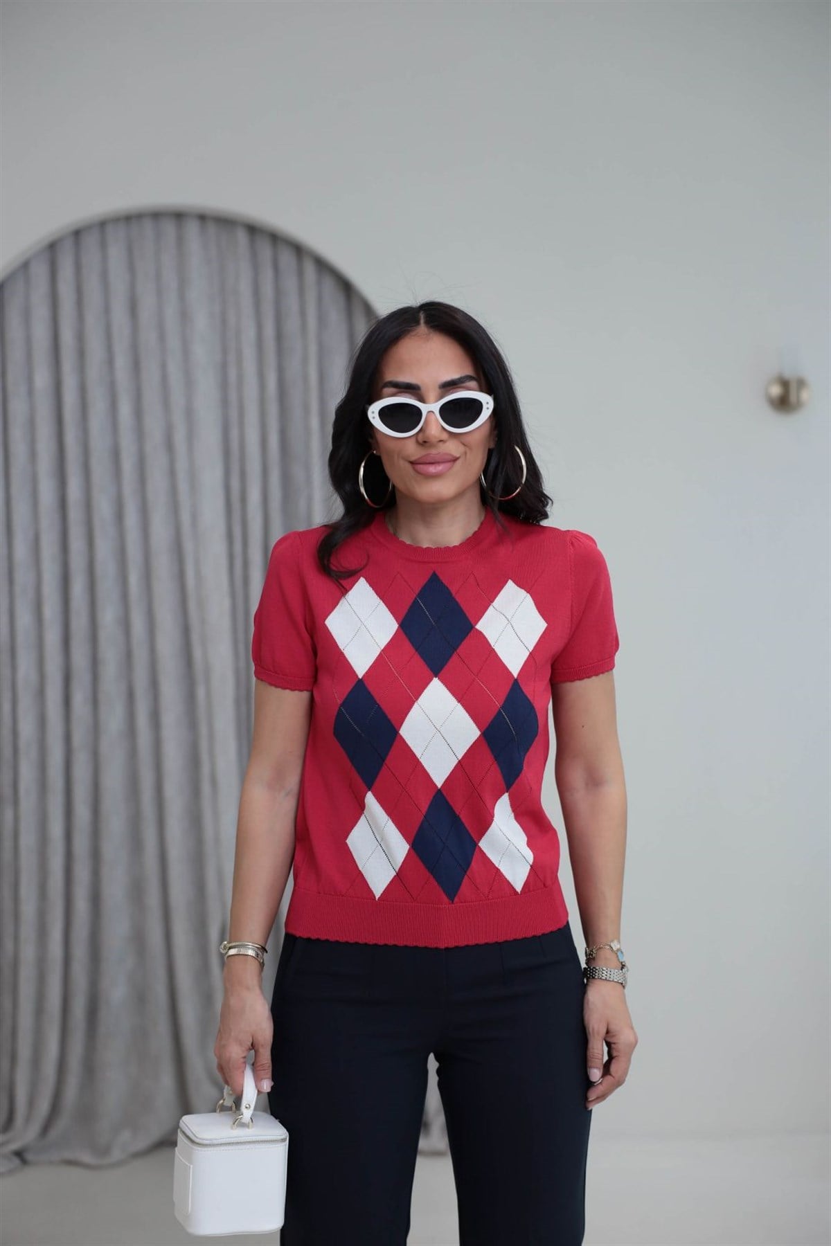 0617 Baklava Desenli Rayon Triko Bluz KIRMIZI