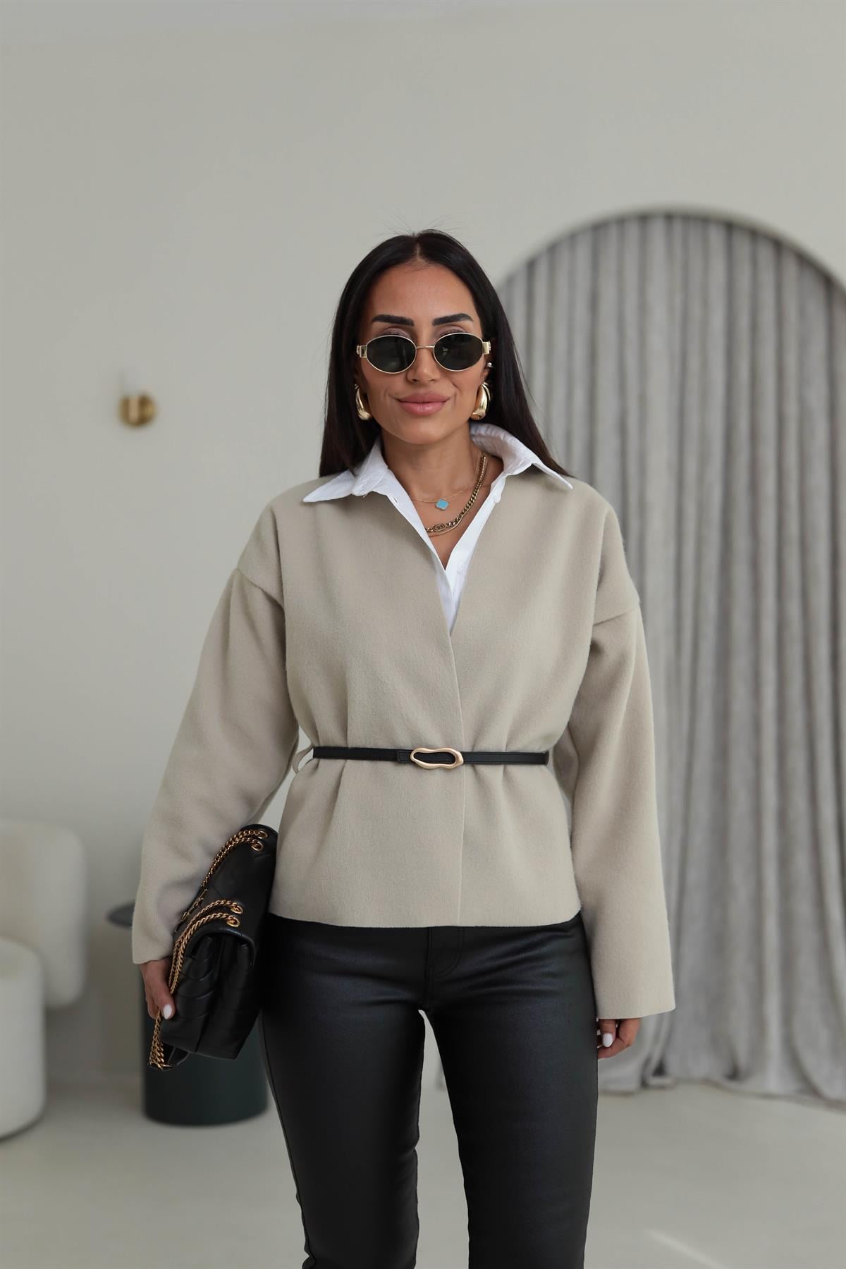 2223 Kemer Detaylı Kaşe Ceket TAŞ