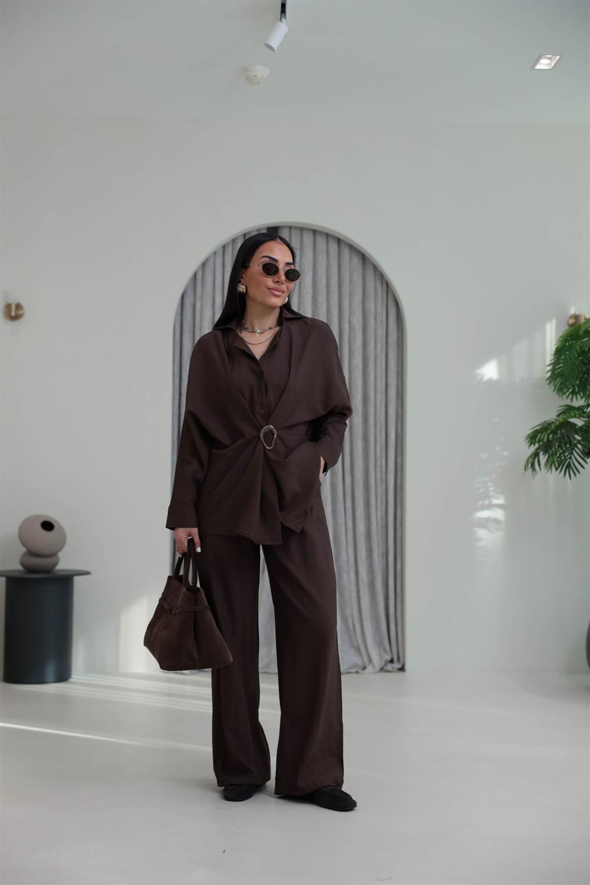 7091 Broş Detaylı Gömlek Pantolon Takım KAHVE