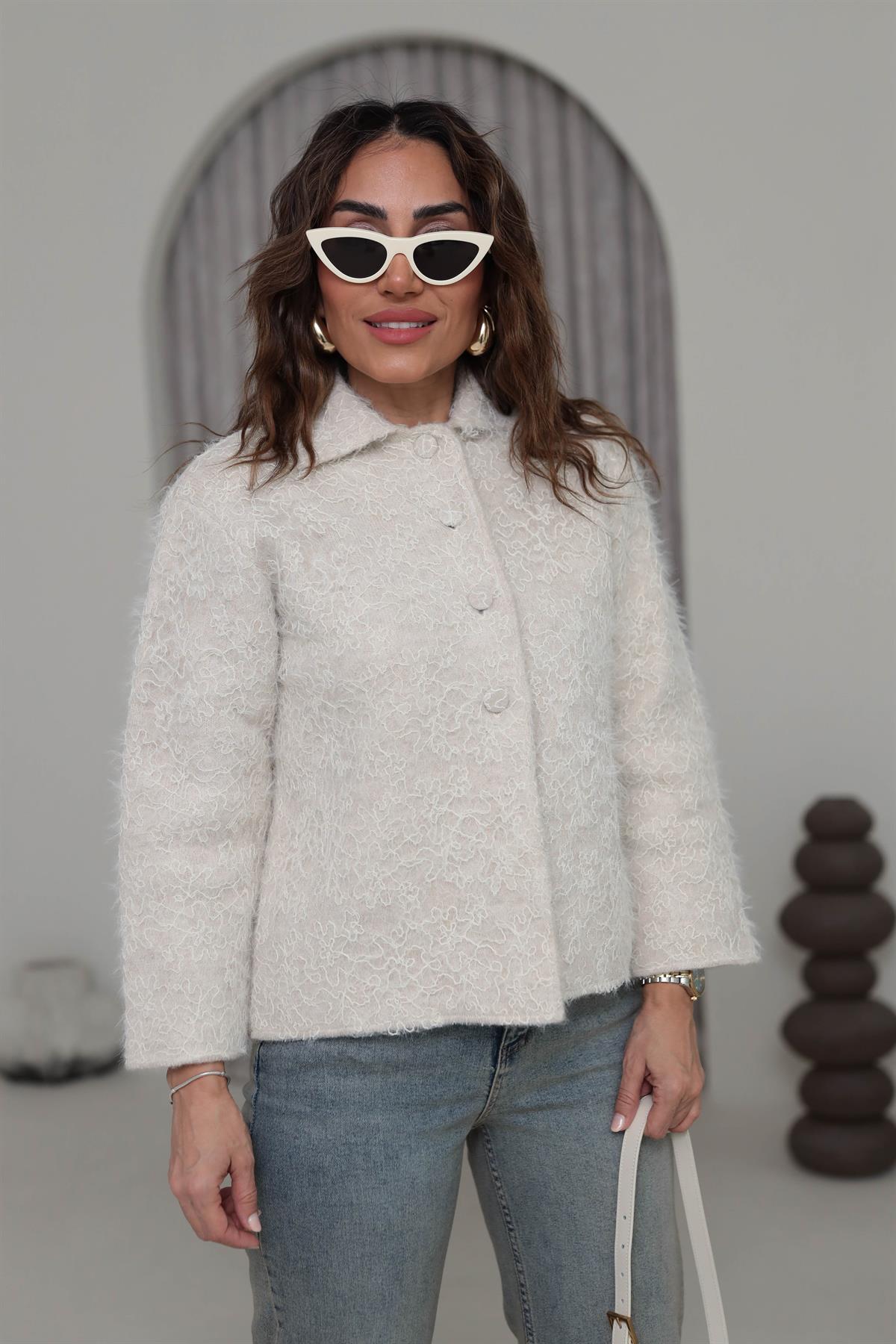 584 Polo Yaka İşlemeli Işıltılı Triko Ceket TAŞ