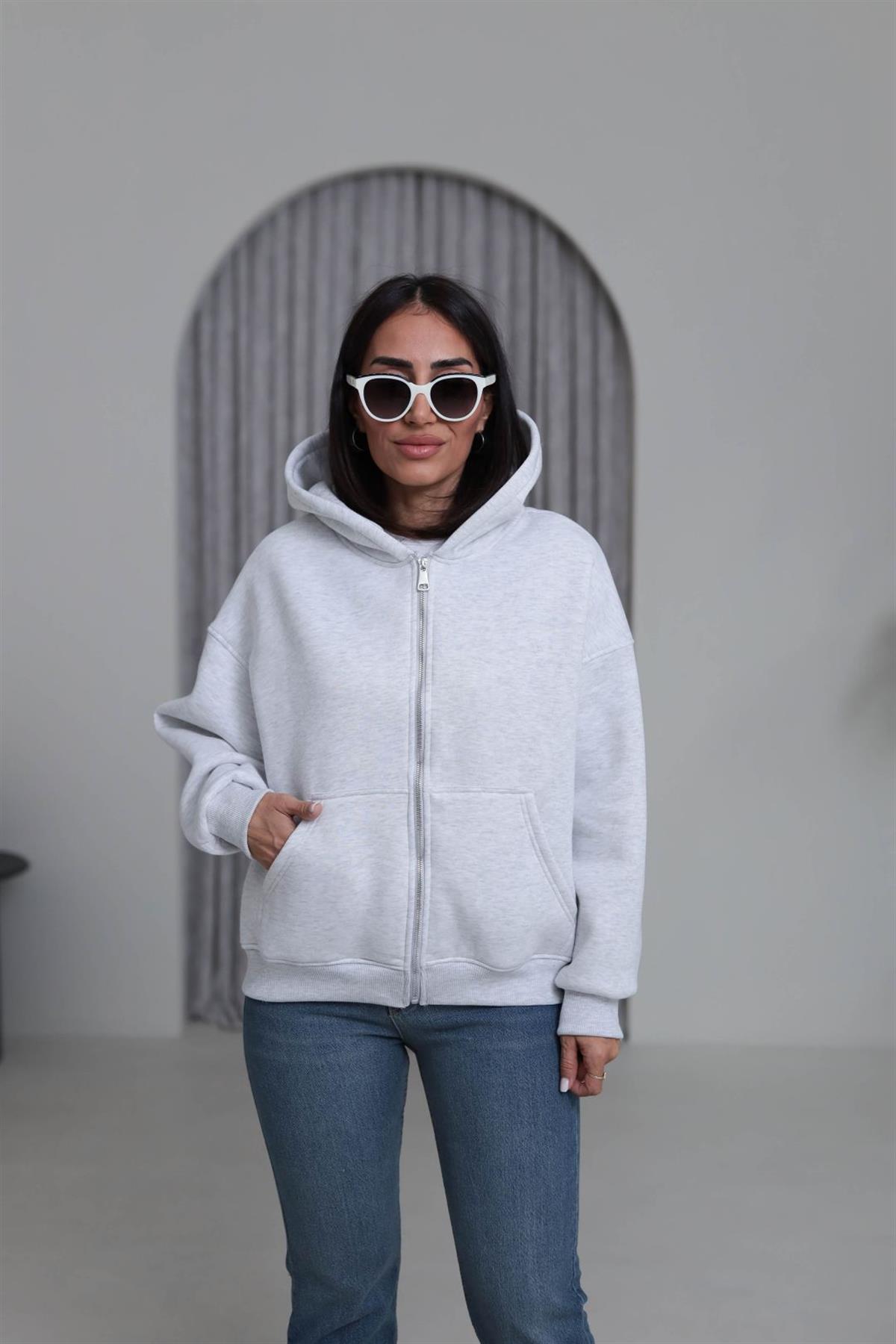 0822 Kapüşonlu Fermuarlı Şardonlu Sweatshirt GRİ