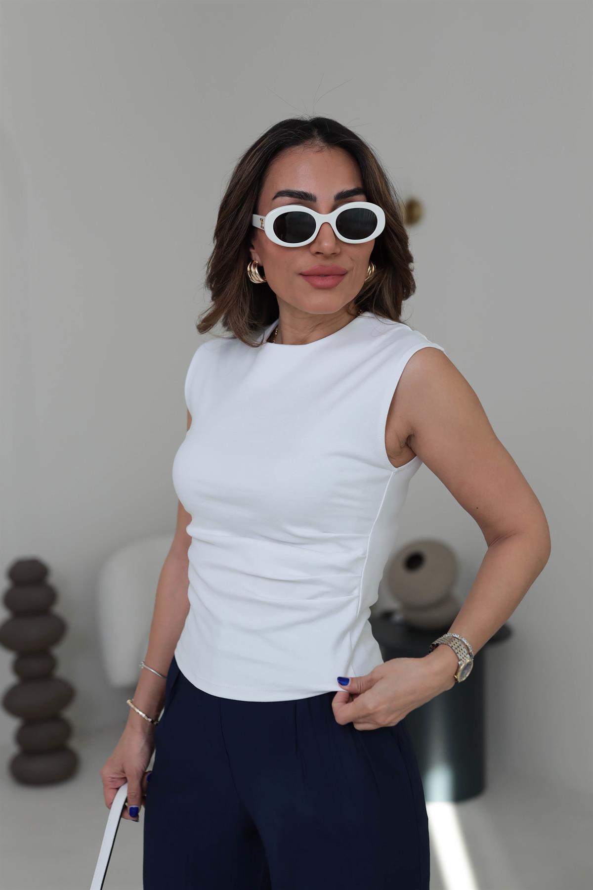 6112 Yan Drapeli Kolsuz Pamuklu Bluz EKRU