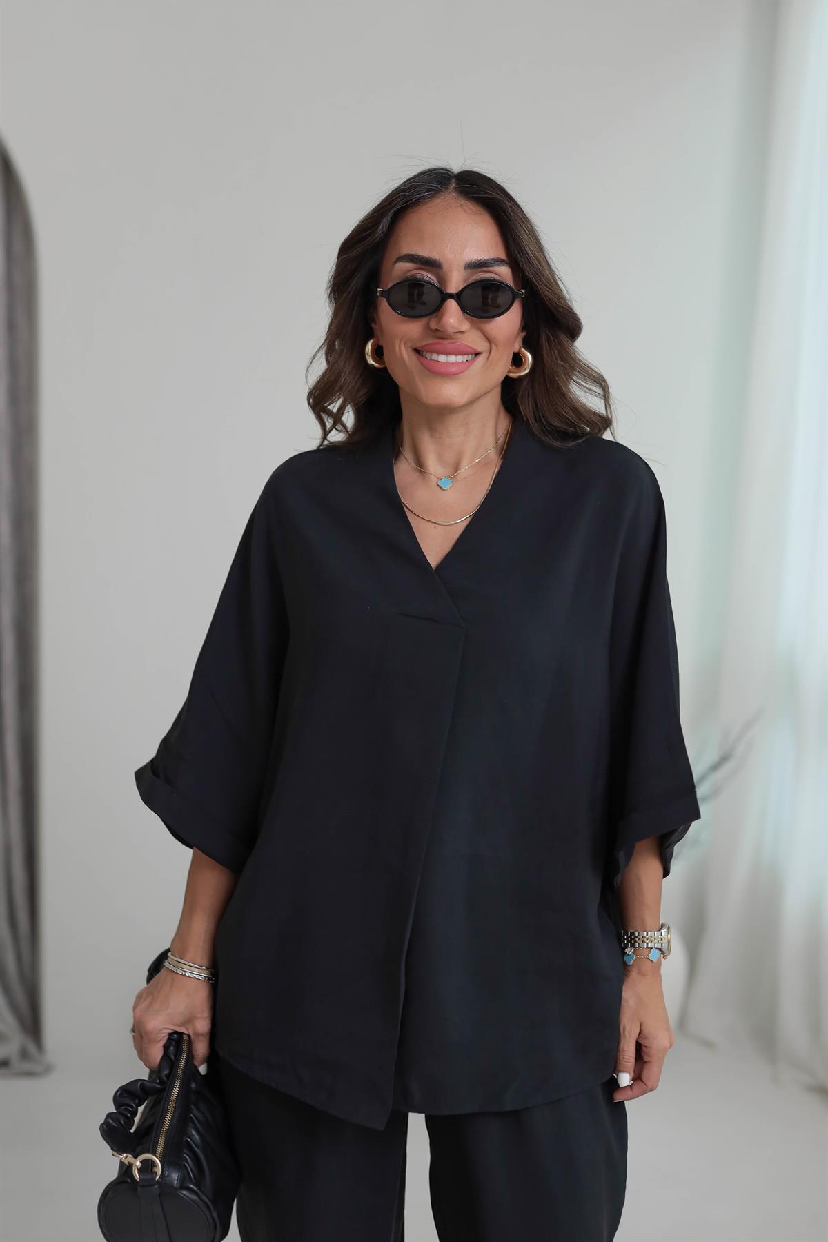 3077 Düşük Kol Tencel Kumaş Takım SİYAH