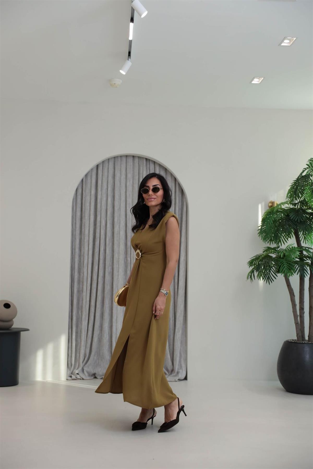 3865 V Yaka Gold Tokalı Maxi Elbise OLİVE