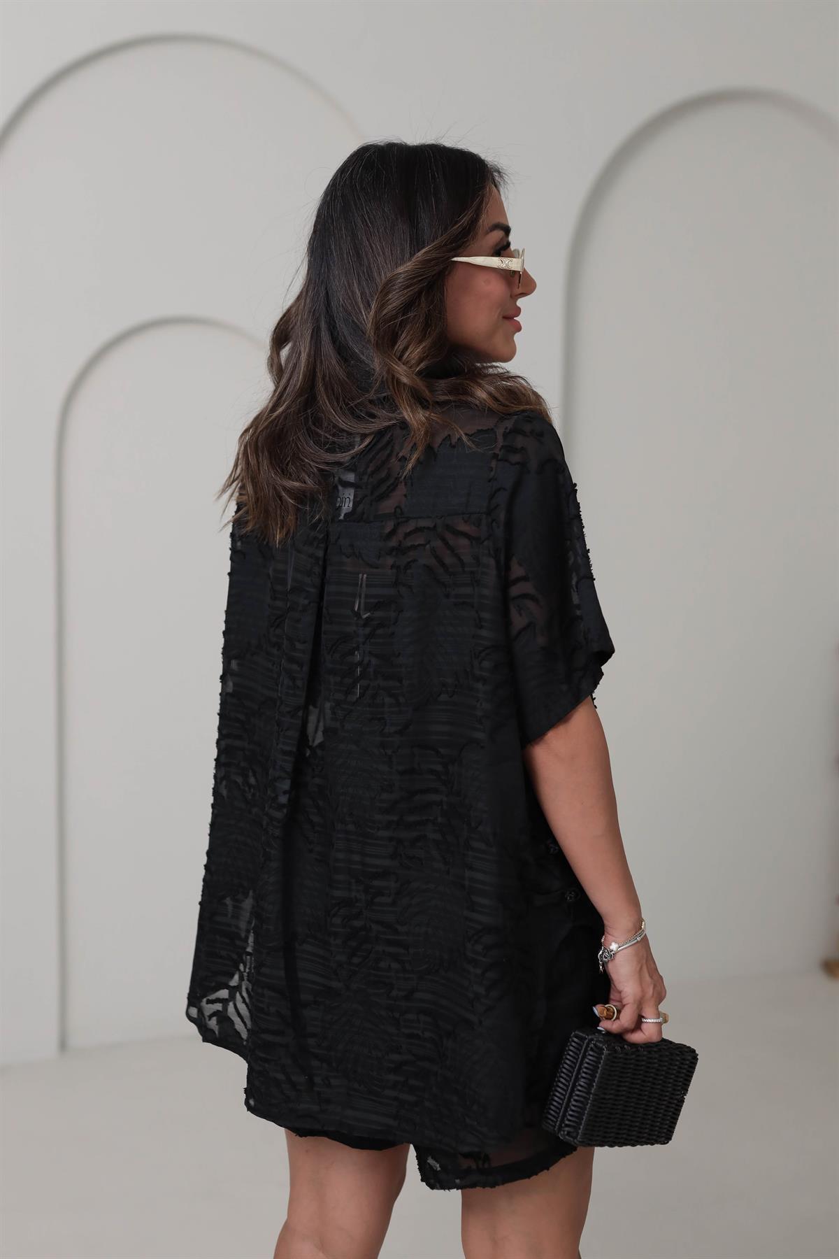 8854 İthal Jakarlı Gömlek Şort Takım SİYAH