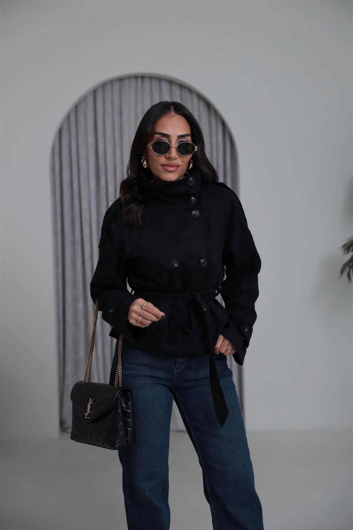 8437 Dik Yaka Kuşaklı Süet Ceket SİYAH