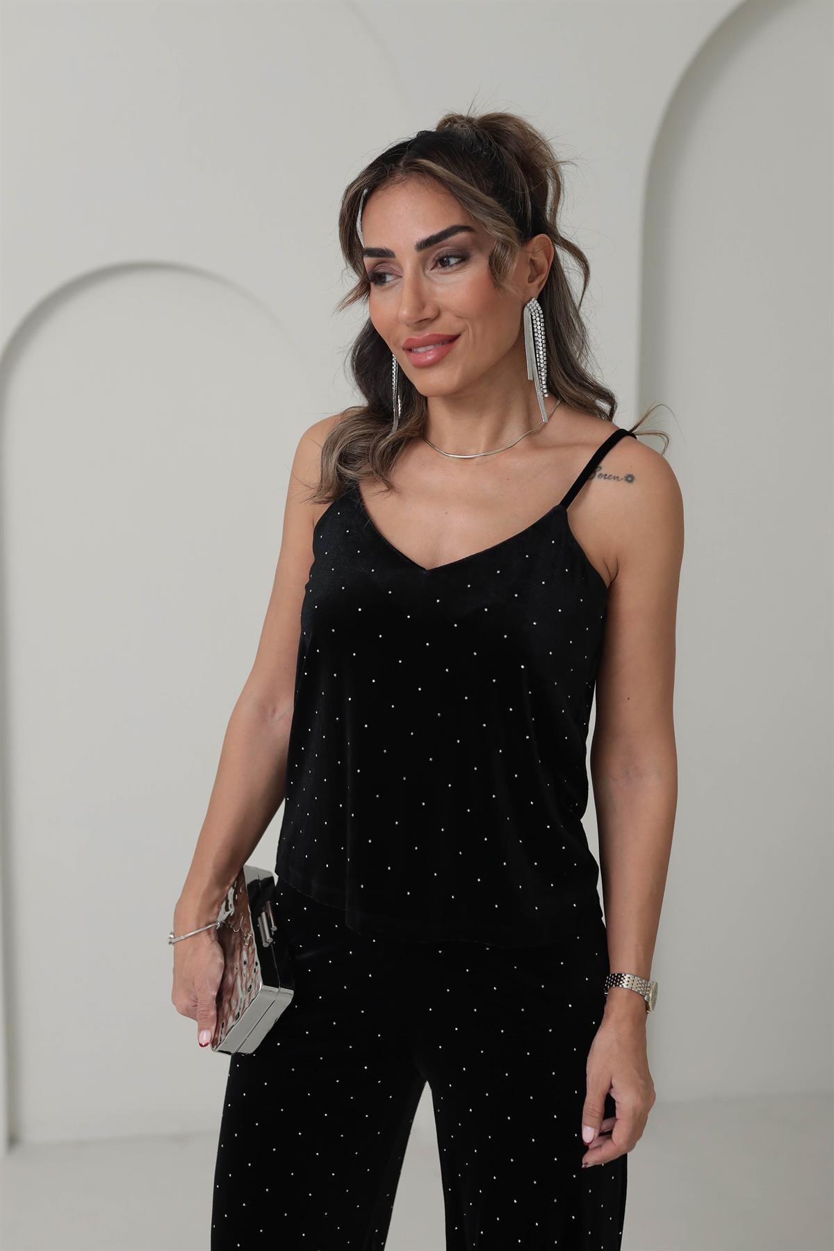 6766 Taşlı Kadife Atlet SİYAH