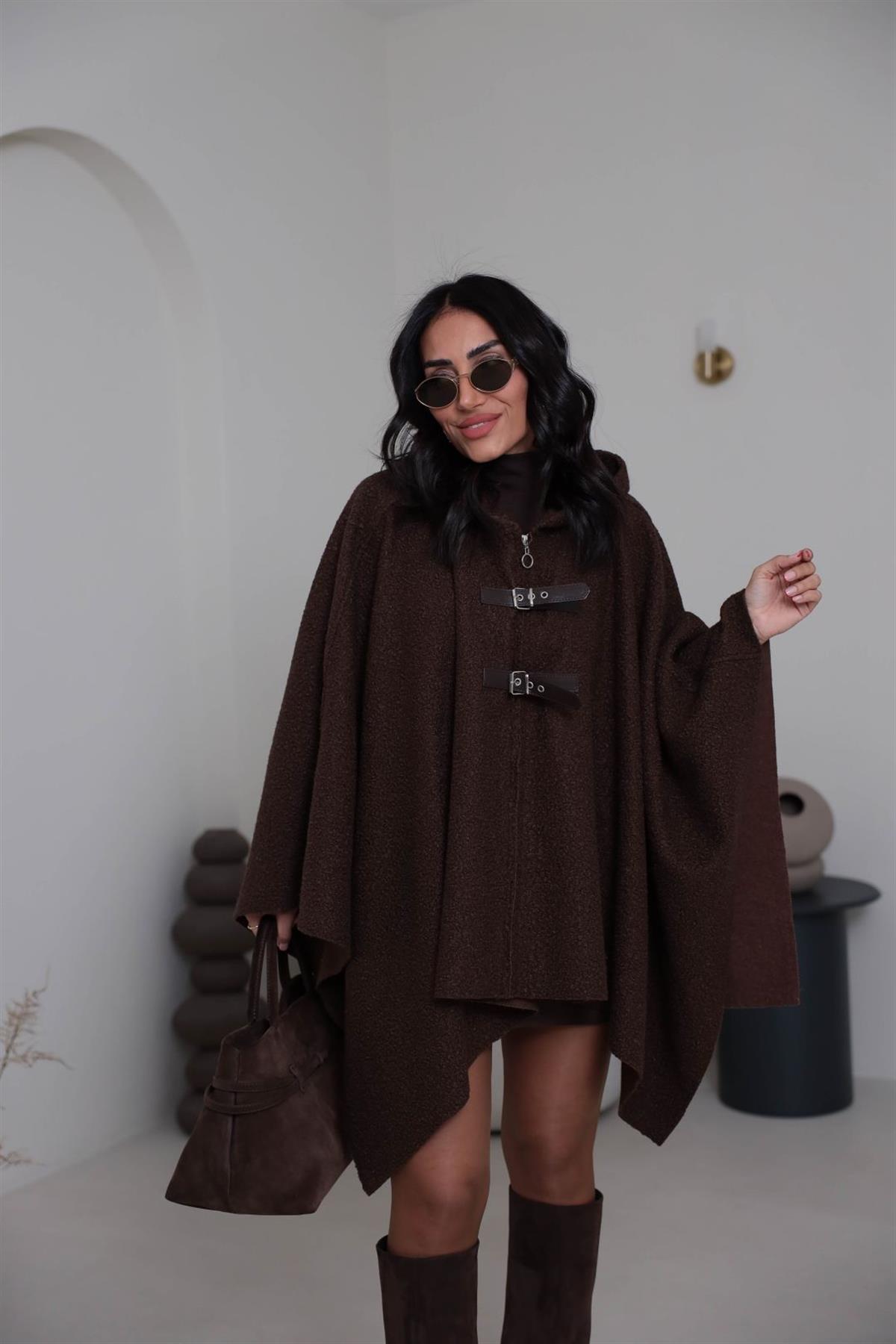 9175 Kemer Detay Kapşonlu Buklet Panço KAHVE