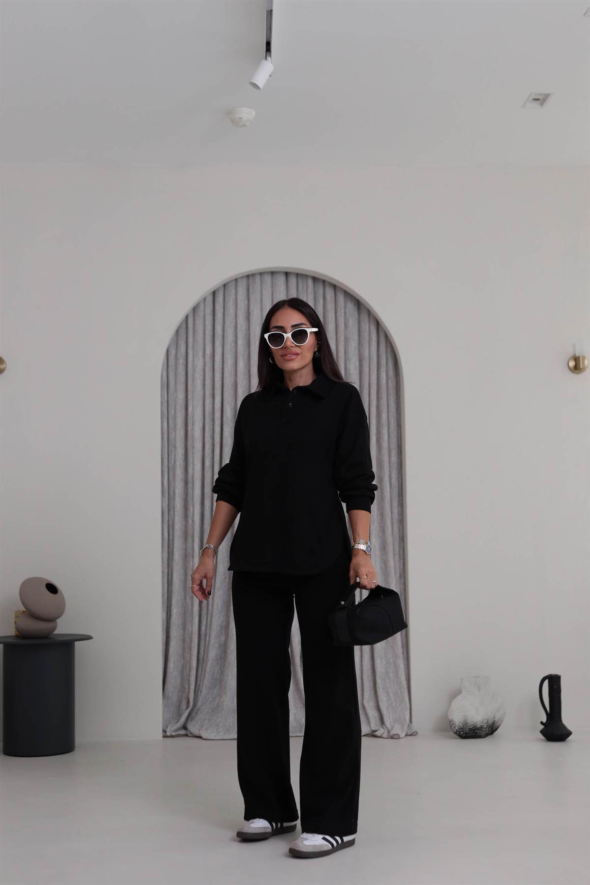 2411 Selanik Polo Yaka Yarım Düğmeli Rahat Takım SİYAH