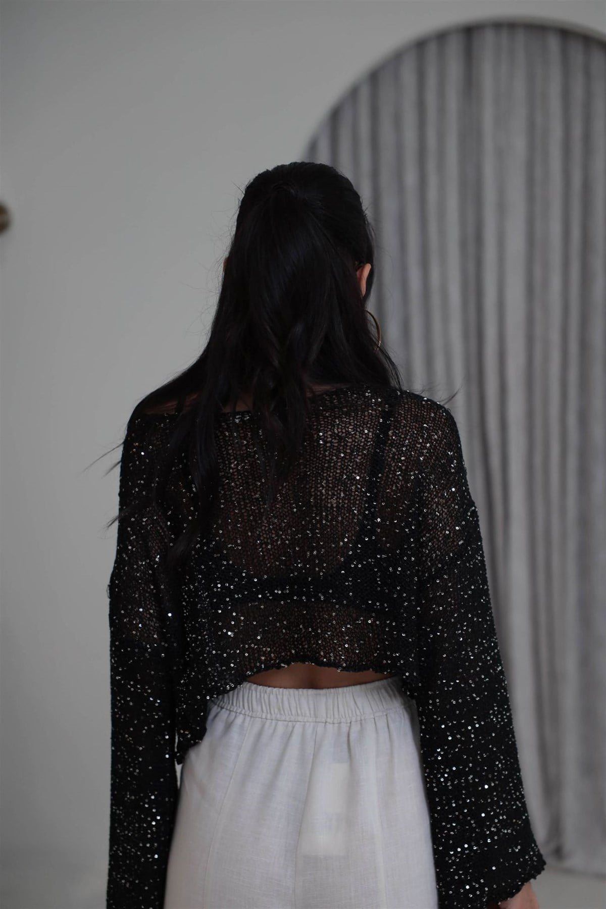 2765 Pul Payet Crop Bluz SİYAH