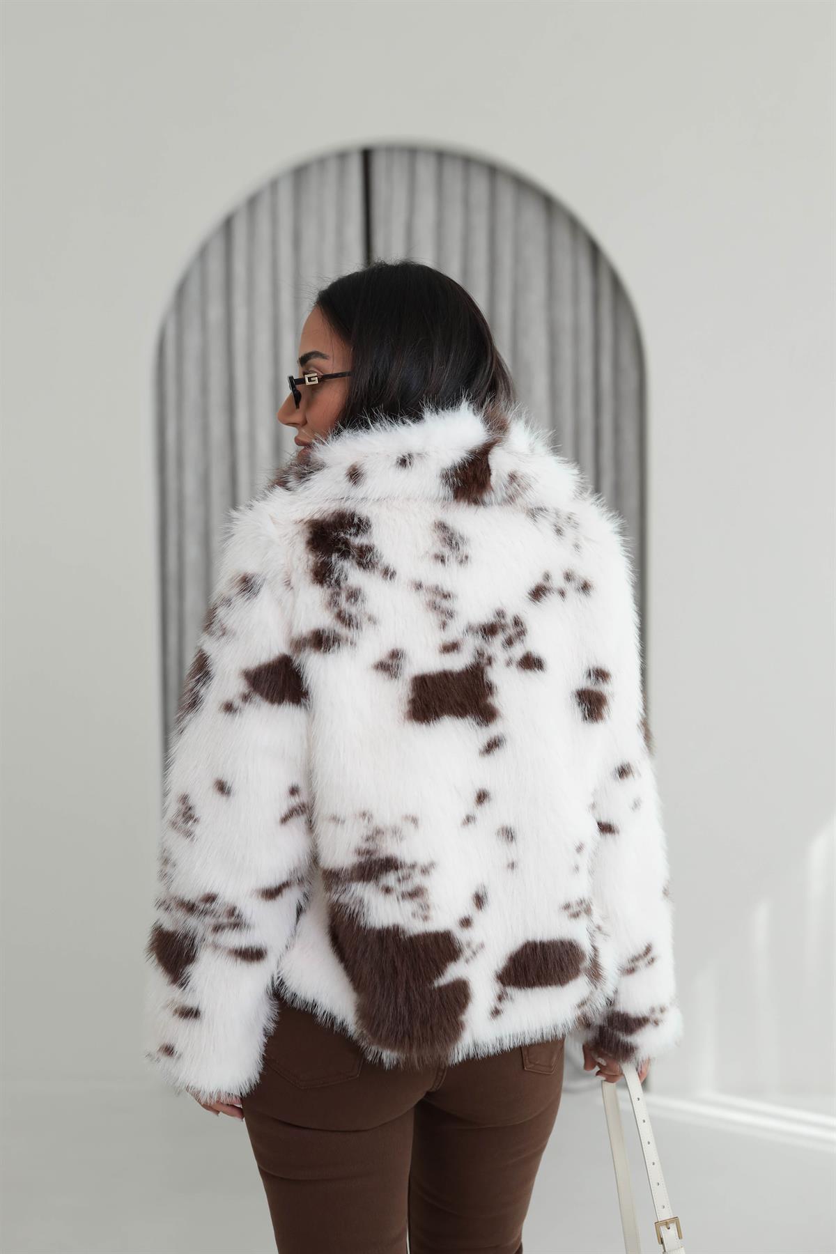 7606 Desenli Kürk Mont KAHVE