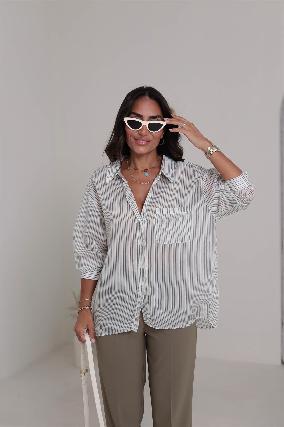 4904 Düşük Omuz Çizgili Oversize Gömlek HAKİ YEŞİL