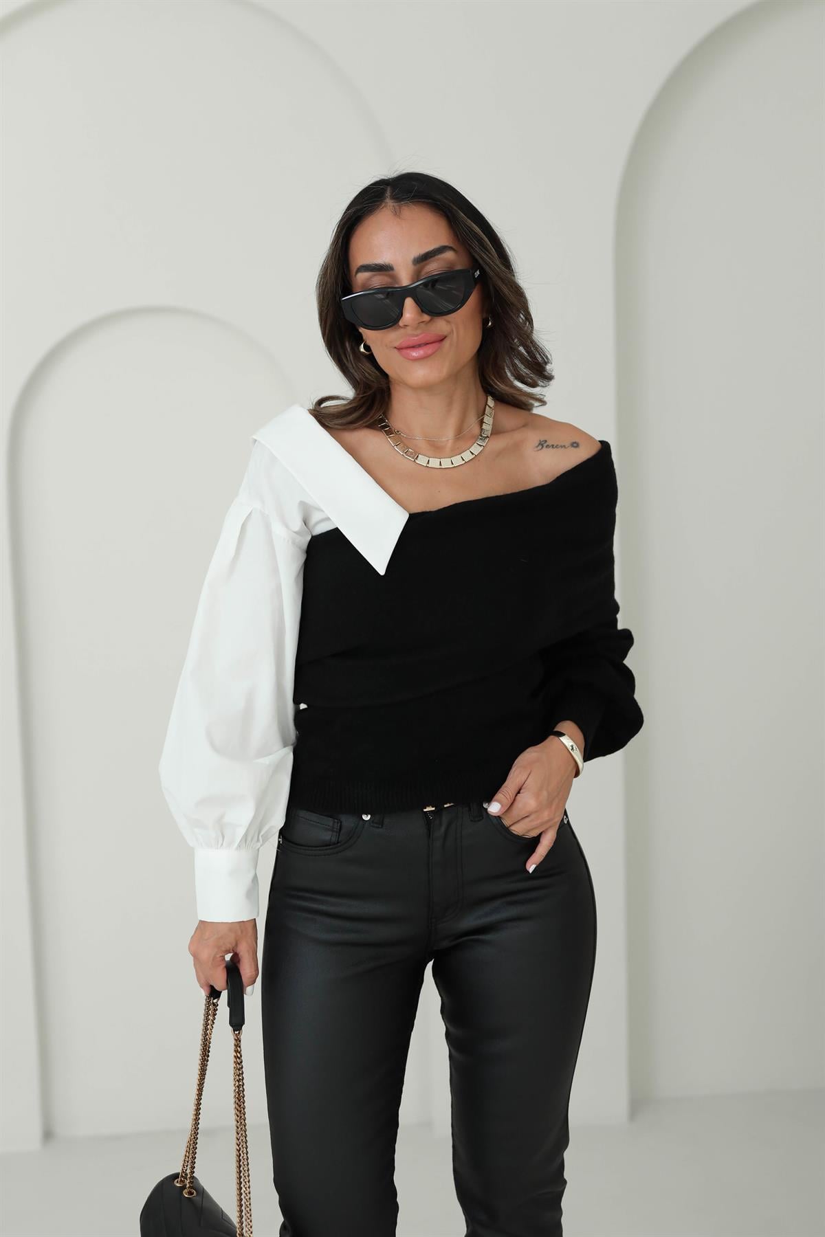 4256 Gömlek Garnili Triko Bluz SİYAH