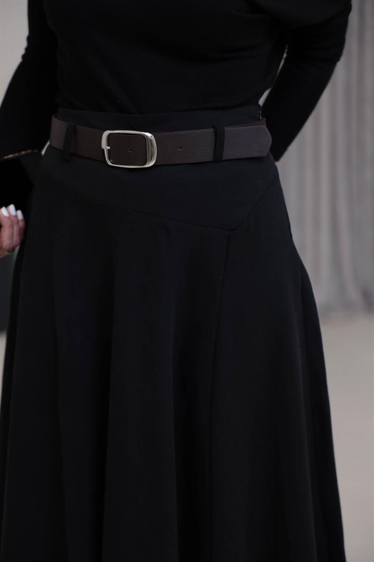 0670 Asimetrik Dikiş Detay Kemerli Kloş Etek SİYAH