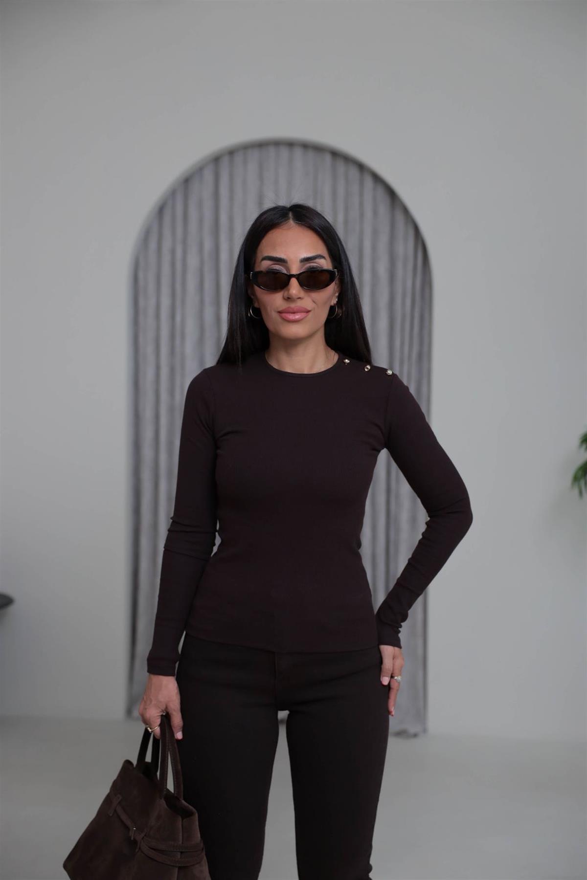 7245 Omzu Düğmeli Fitilli Bluz ACI KAHVE