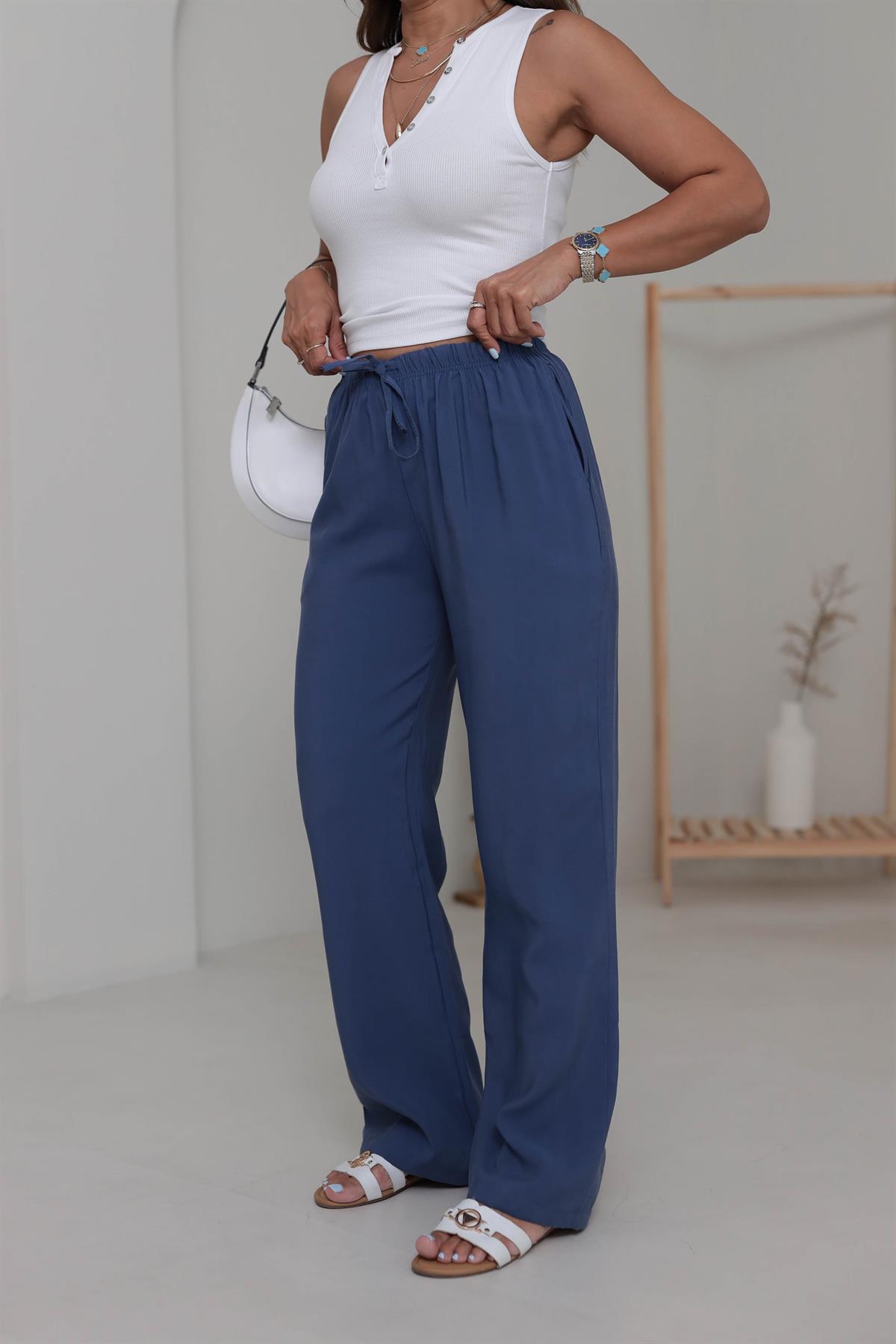 Beli Lastikli Bağcıklı Tencel Pantolon Indigo
