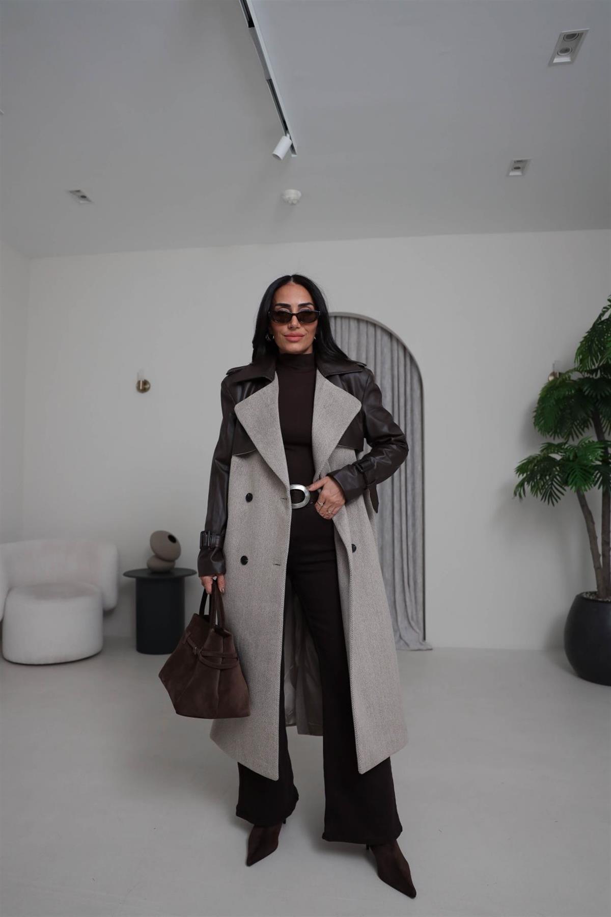 9039 Deri Garnili Kuşaklı Balıksırtı  Premium Kaban ACI KAHVE